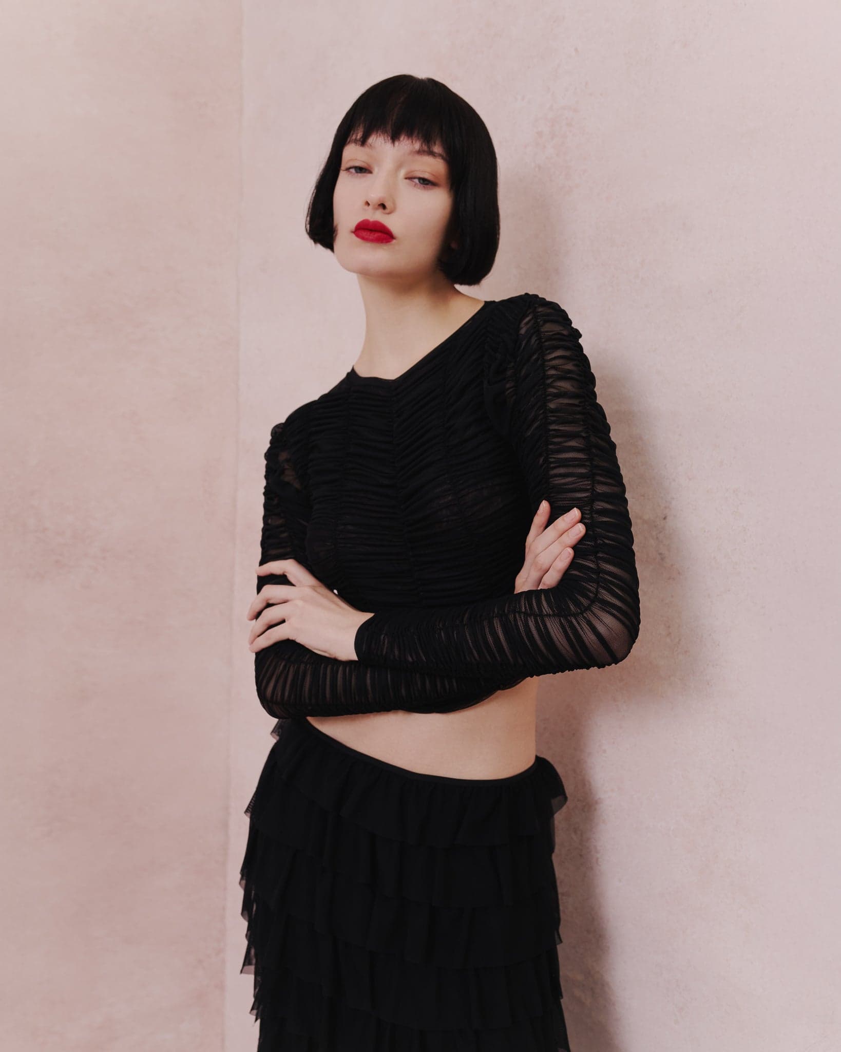 Ruched Tulle Long-Sleeve Crop Top - imagen 11