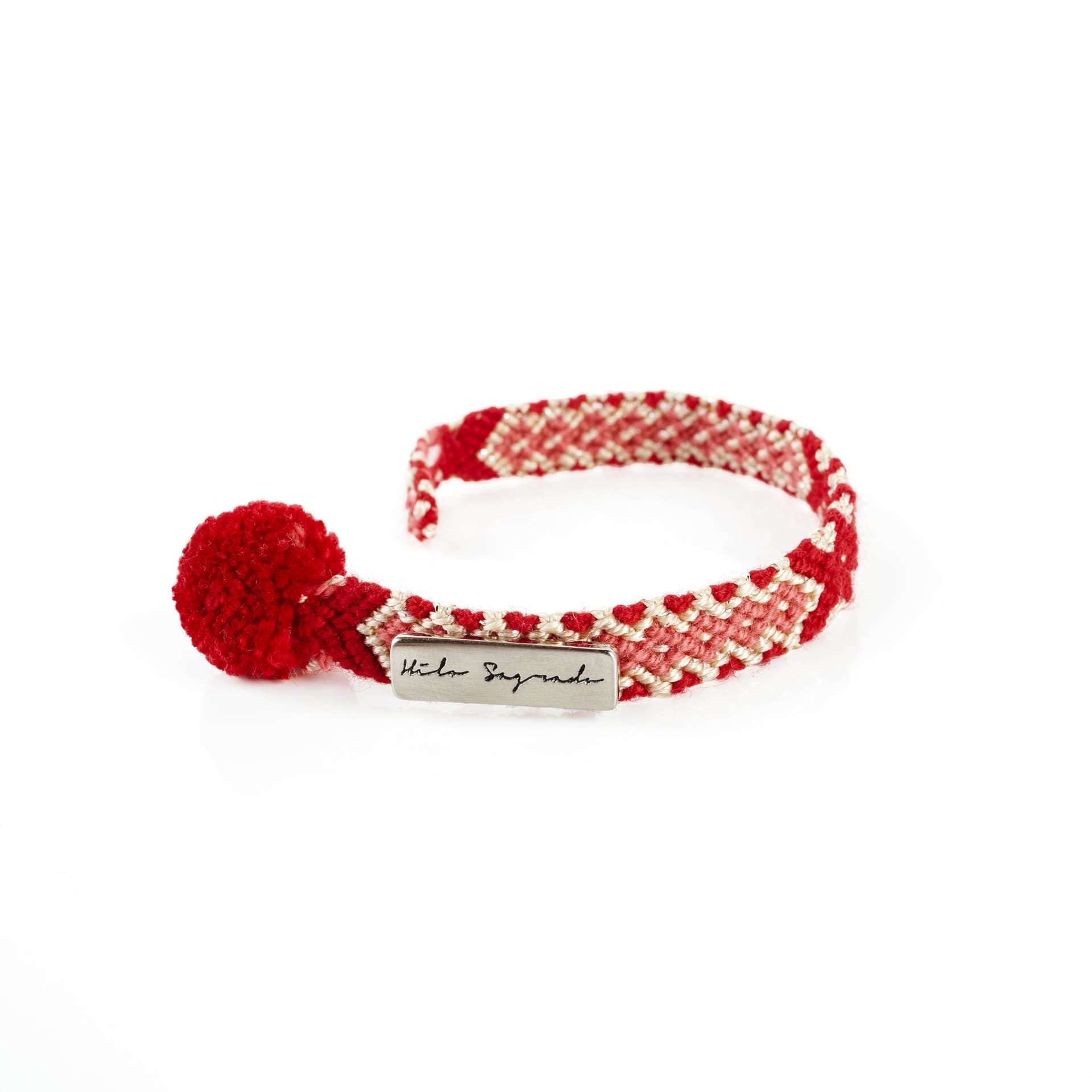 Brazalete Wayuu Brillante Rojo/Salmón con Pompón