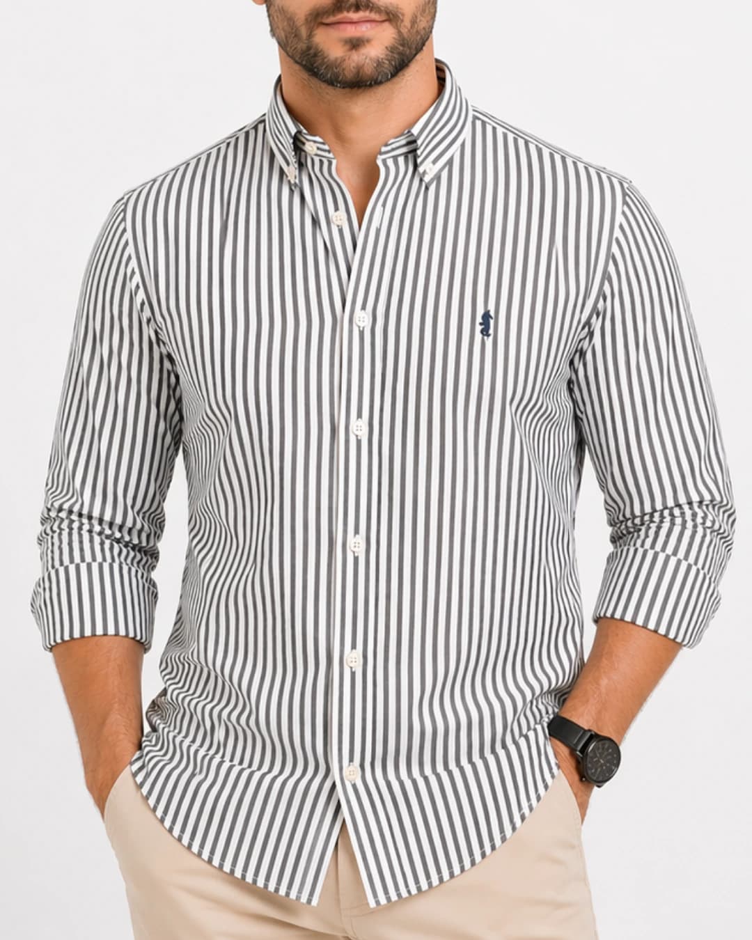 Camisa 100% Algodón Manga Larga Blanca Rayas Grises - imagen 3