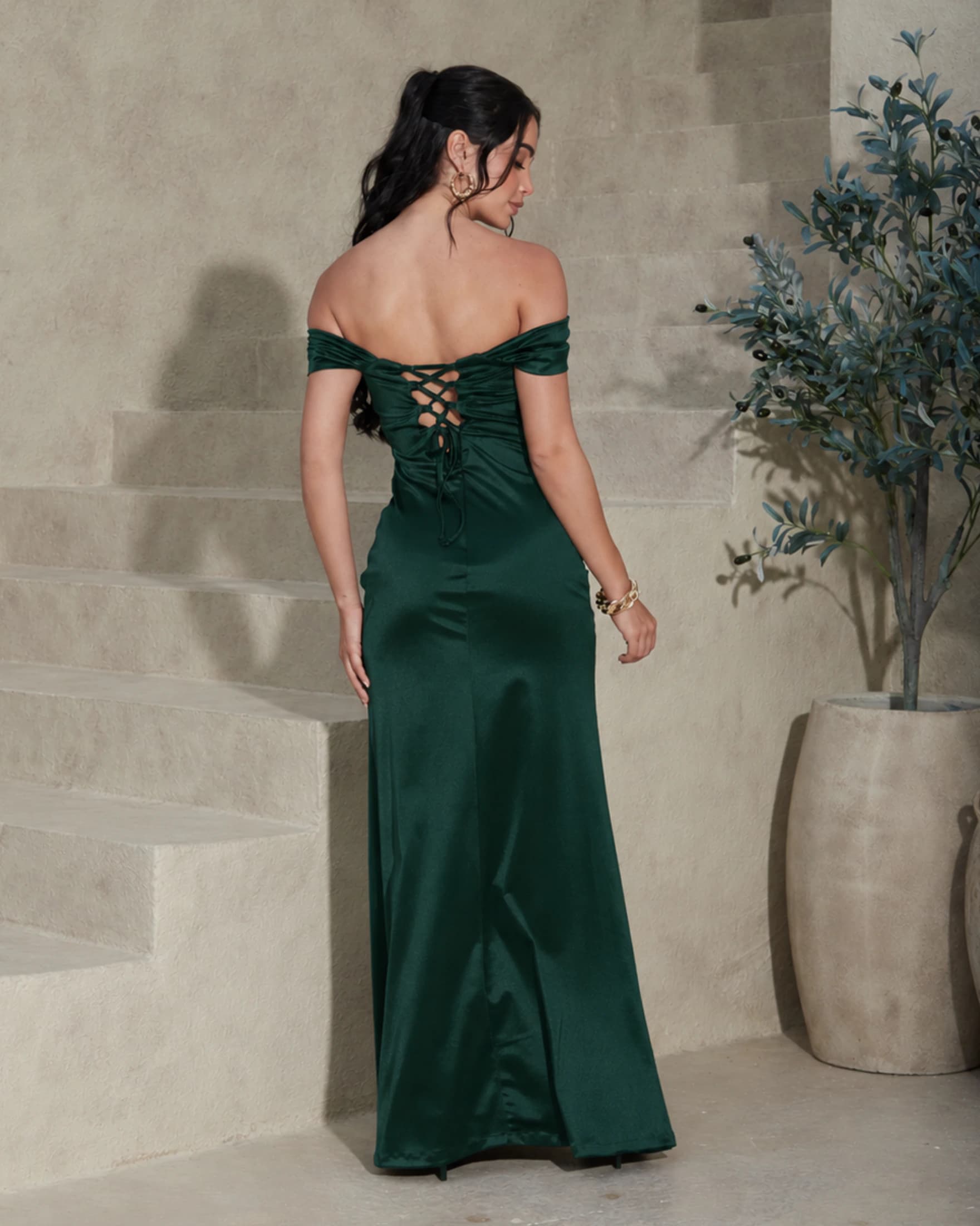 Vestido Largo Escote Bandeja con Corset - imagen 4