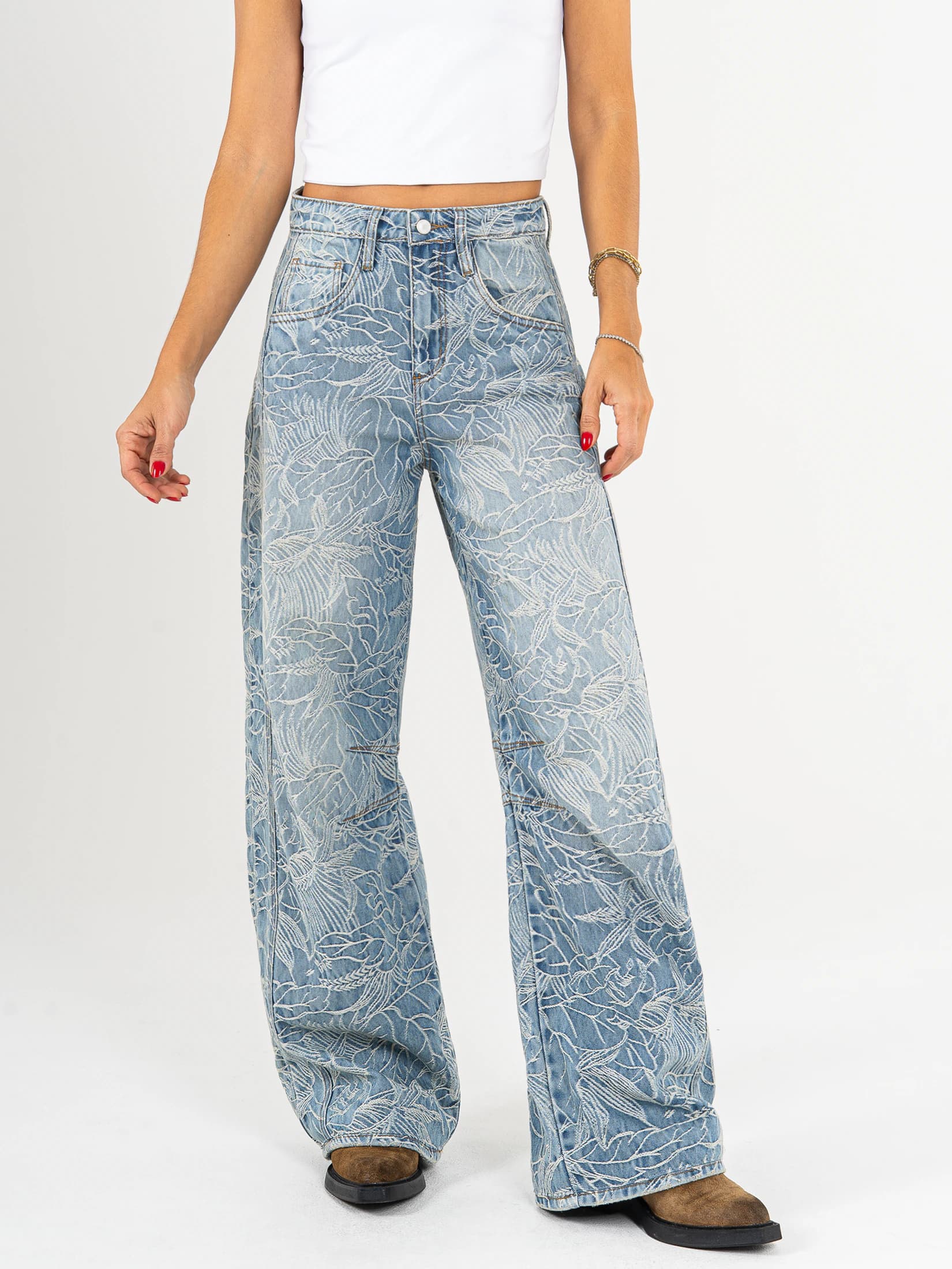 Ref: 066598 Jean wide leg, tiro alto, detalle de tela bordada, rígido, tono azul medio - imagen 1