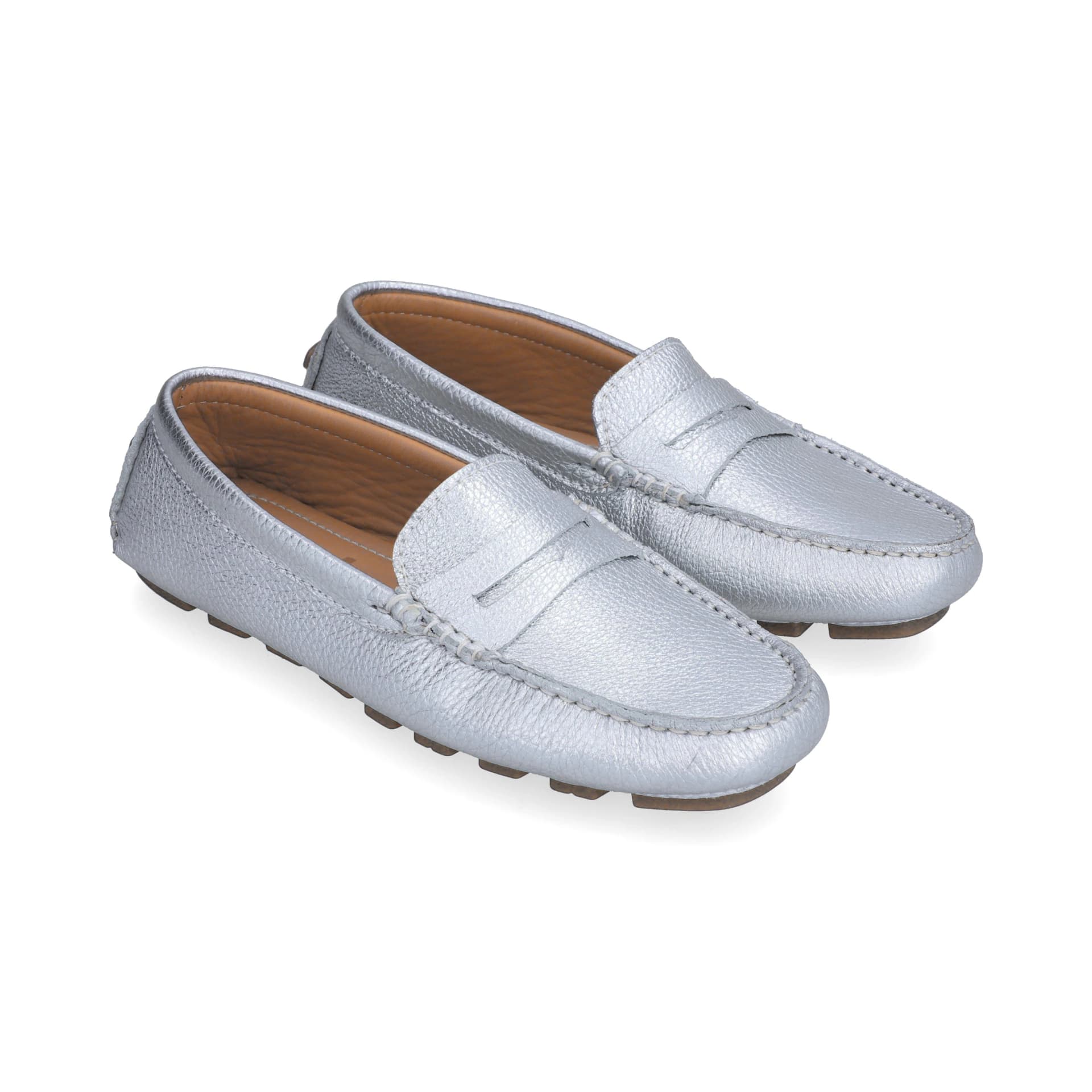 Mocasines Mujer Penny Cuero Metalizado Plateado Argenta - imagen 1