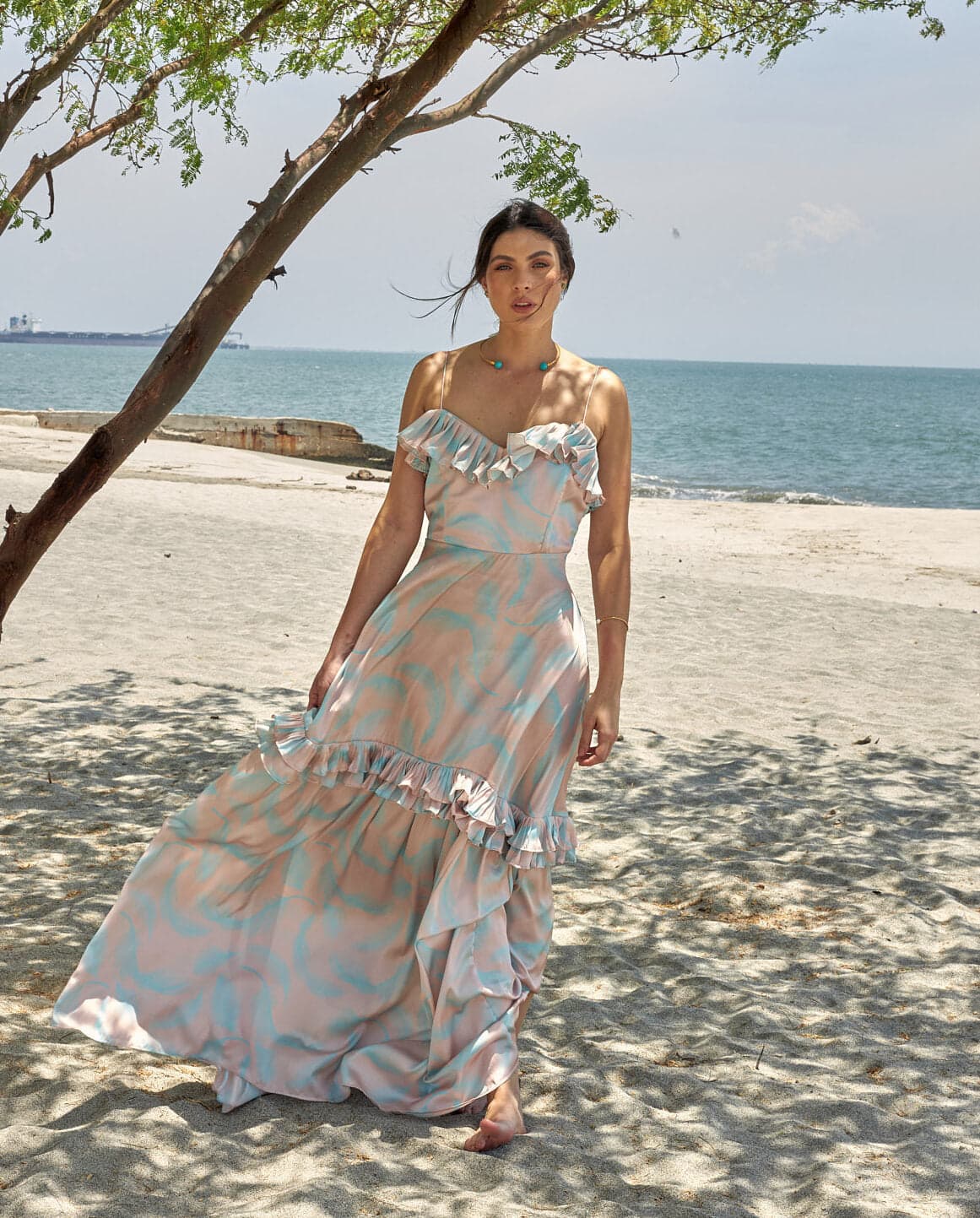 Vestido Pascal Estampado Plumas Turquesa - imagen 1