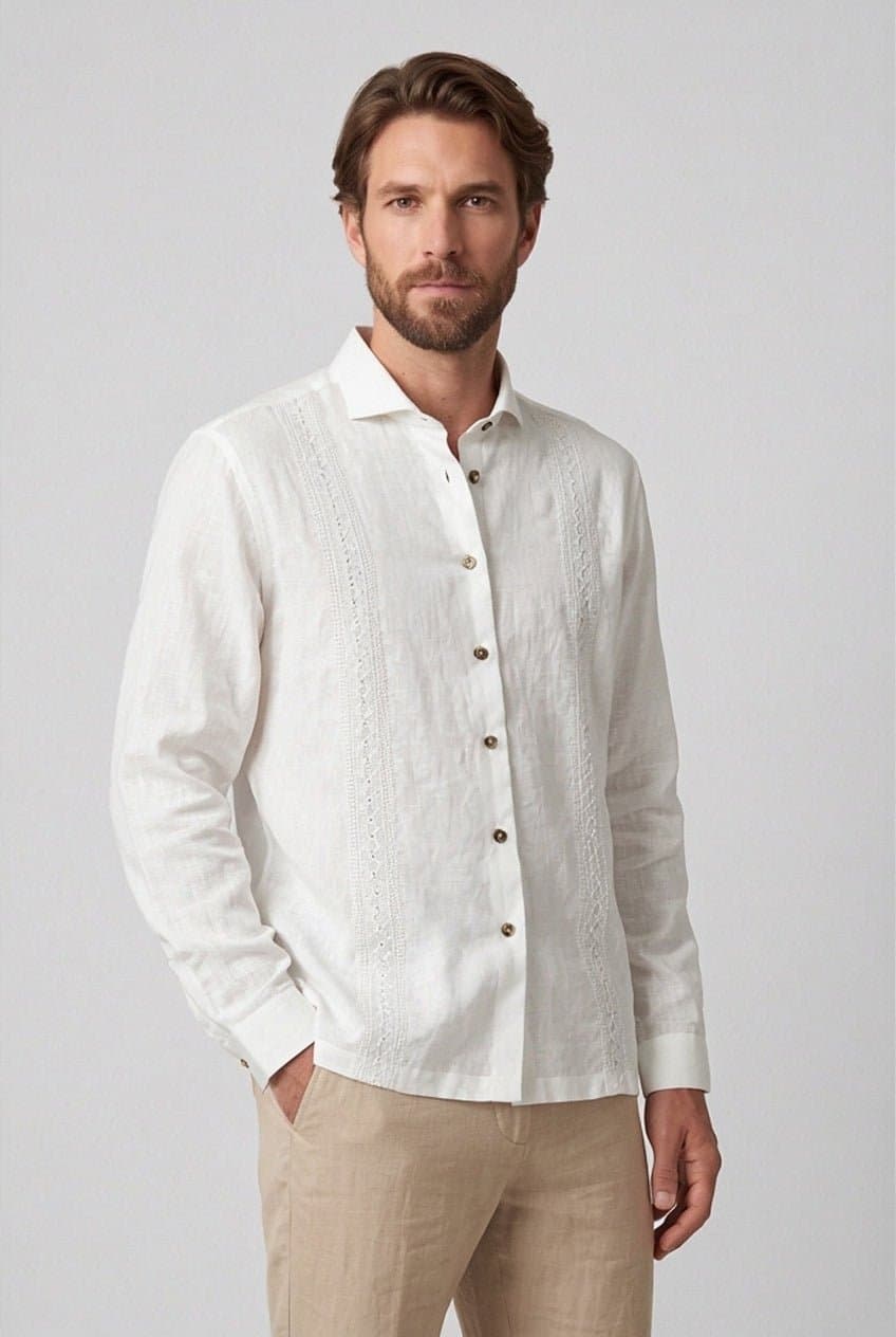 Guayabera en lino bordada manga larga para hombre Js 010126004