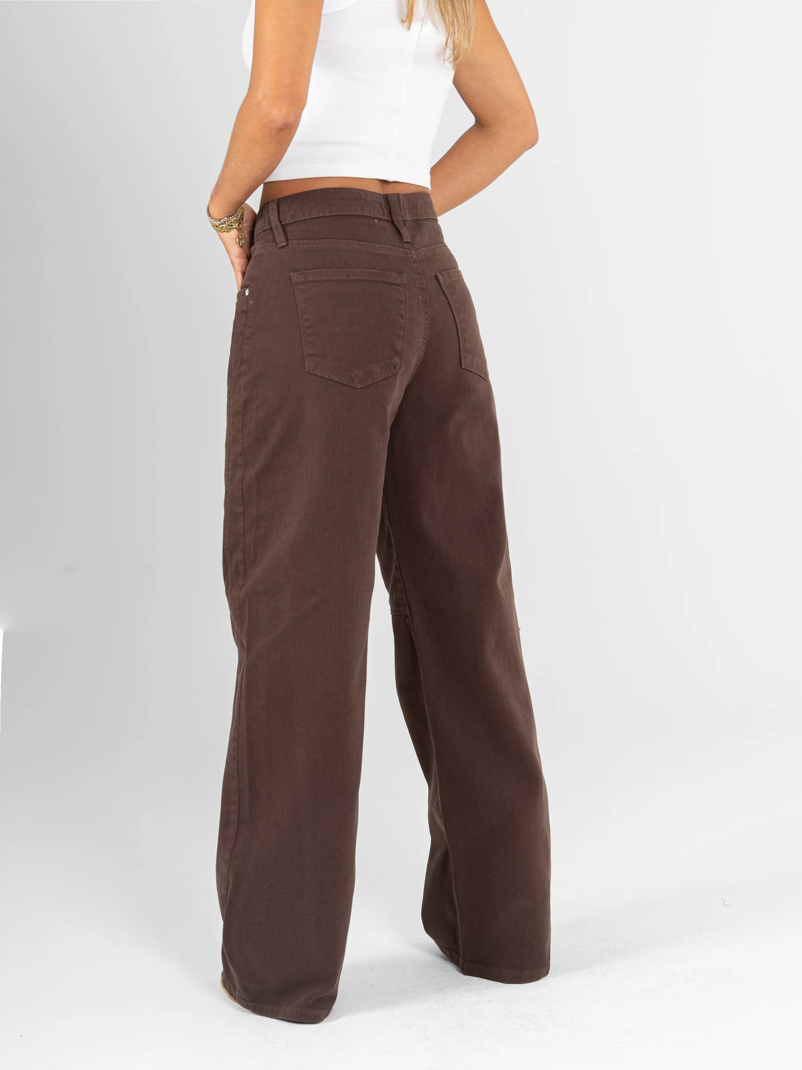 Ref: 0620618 Pantalón wide leg stretch, tiro alto, tono café, corte en delantero - imagen 4