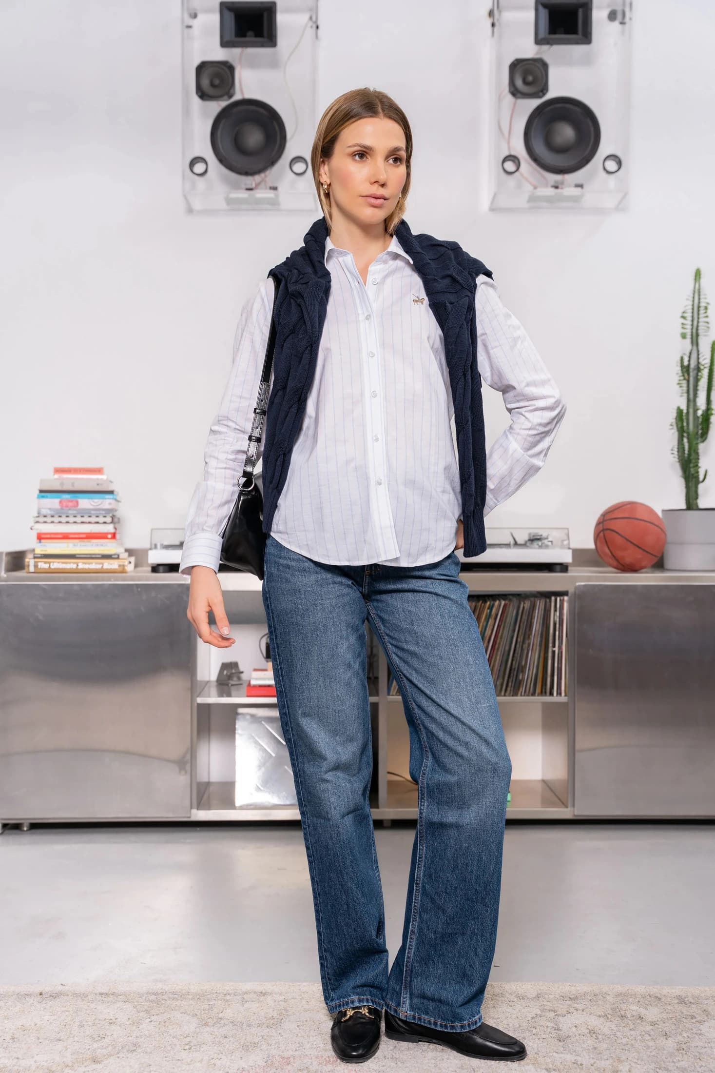 Camisa Oxford Wide Striped Blanco Mujer Raya Azul - imagen 3