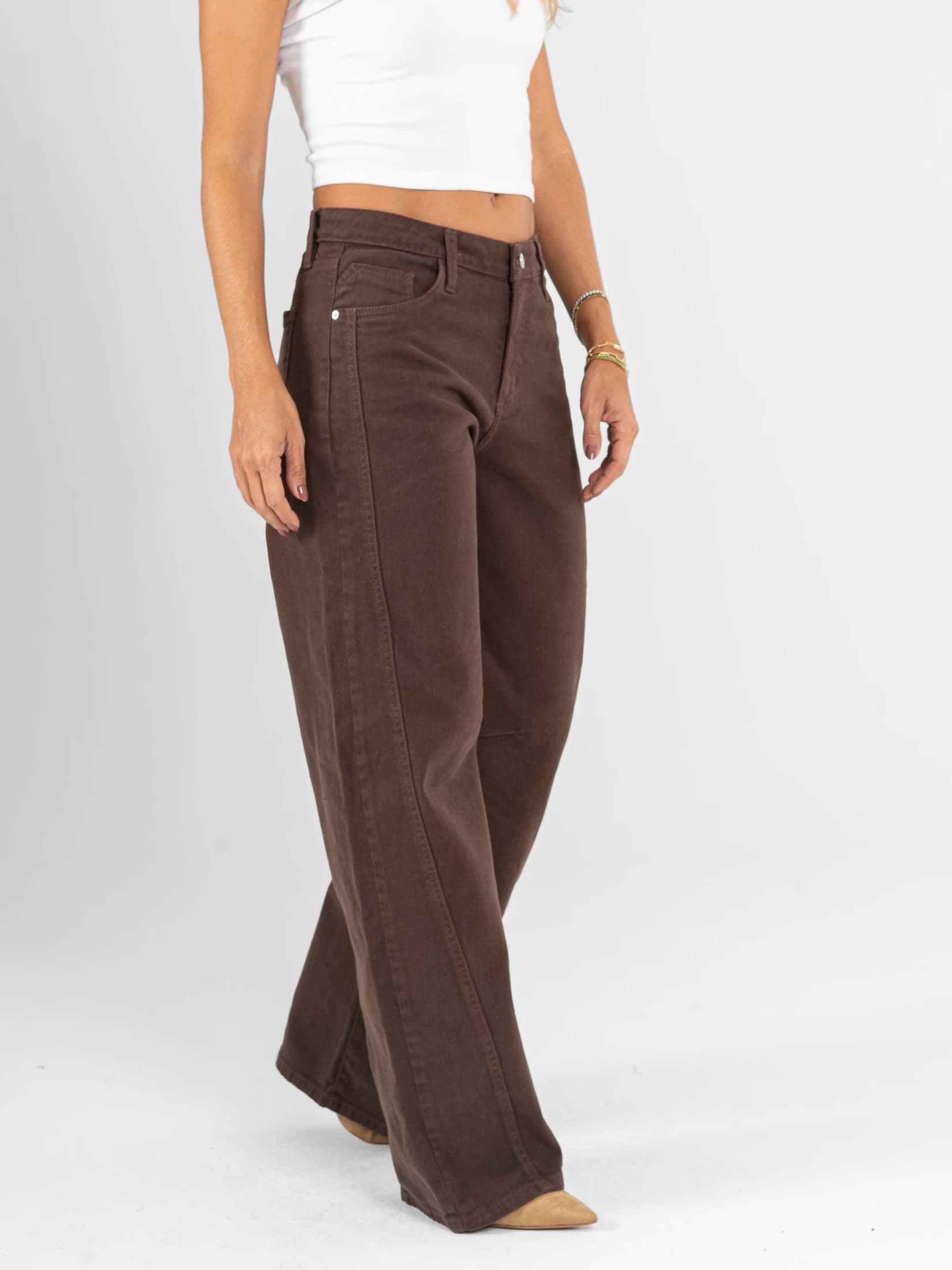Ref: 0620618 Pantalón wide leg stretch, tiro alto, tono café, corte en delantero - imagen 2