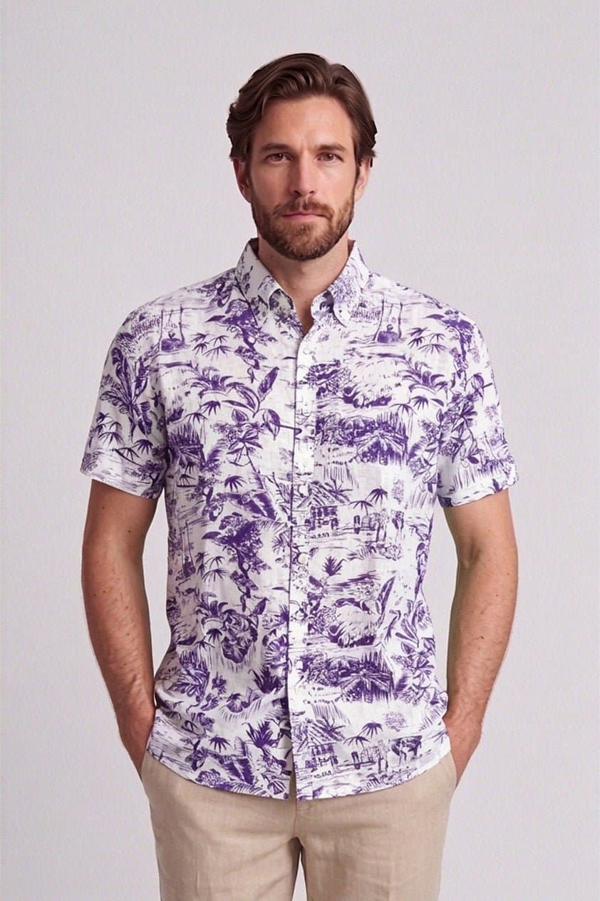 Camisa en lino manga corta estampada para hombre Jon Sonen 017225023