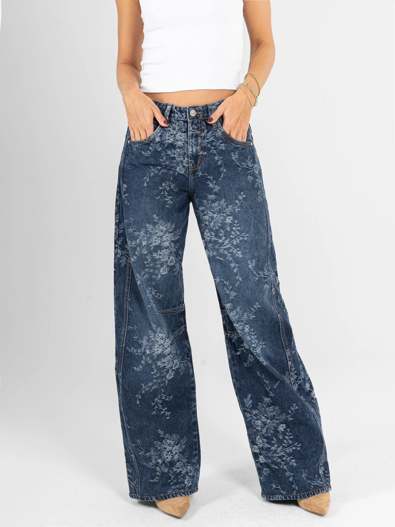 Ref: 066575 Jean wide leg, rígido, tiro alto, detallle de tela bordada, tono azul oscuro - imagen 1