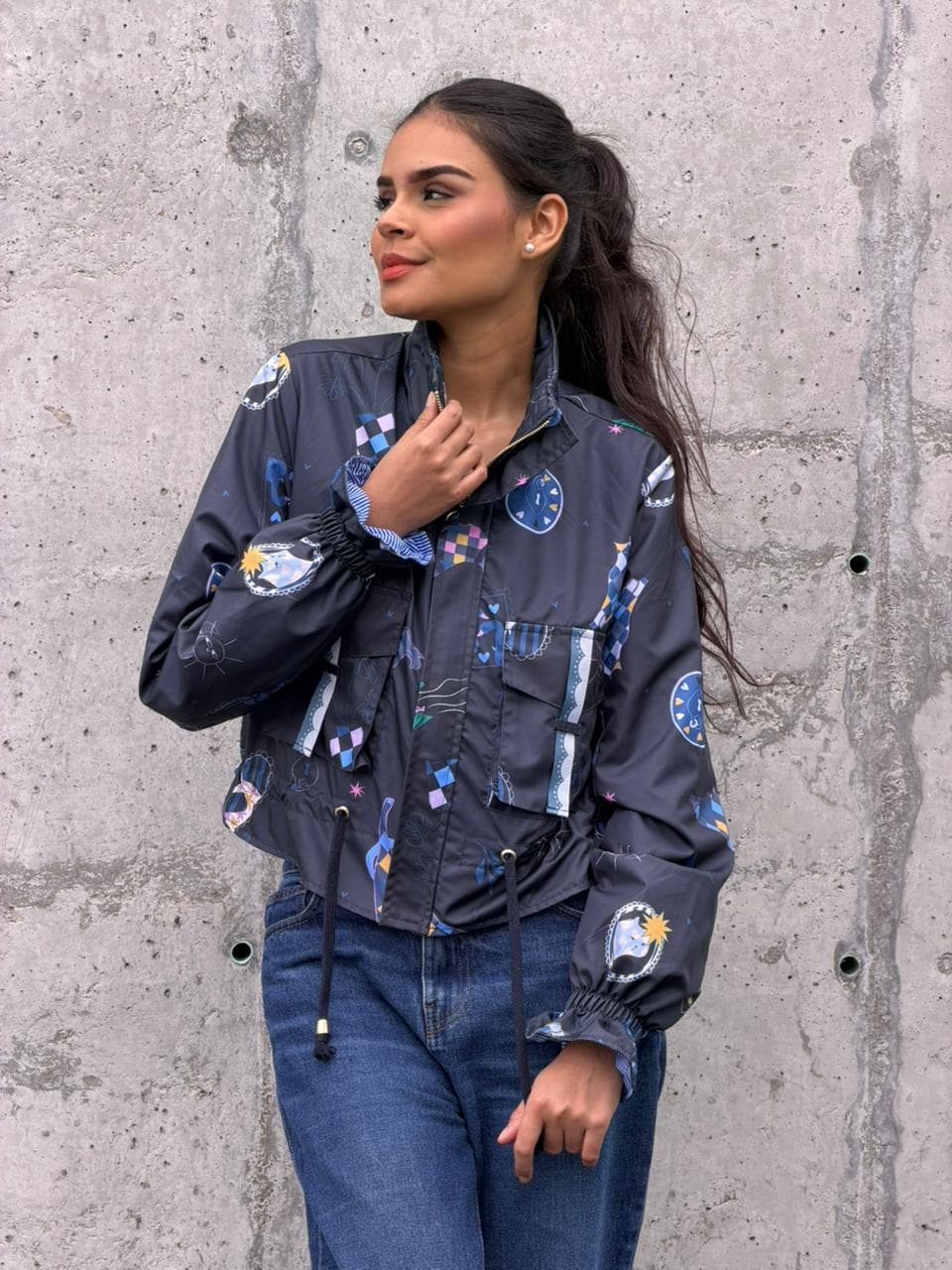 Chaqueta Corta Estampada Azul
