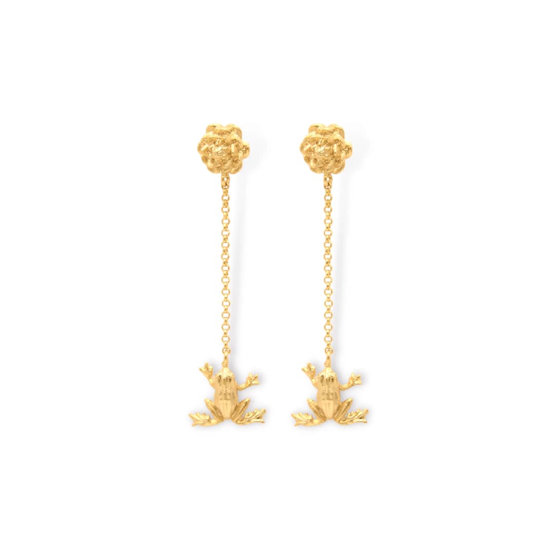 Aretes largos con flor de loto y rana pequeña - imagen 1