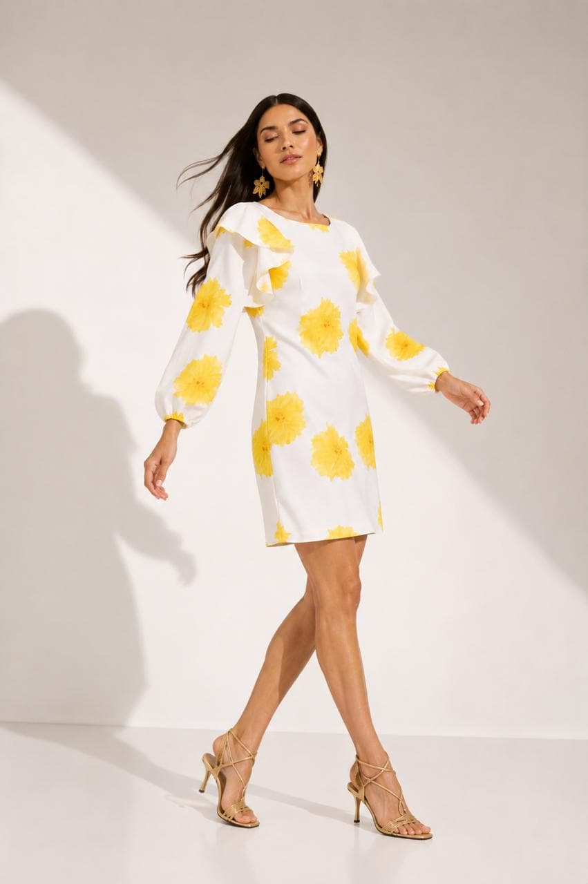 Vestido Aisha F. Blanco Flor Amarillo