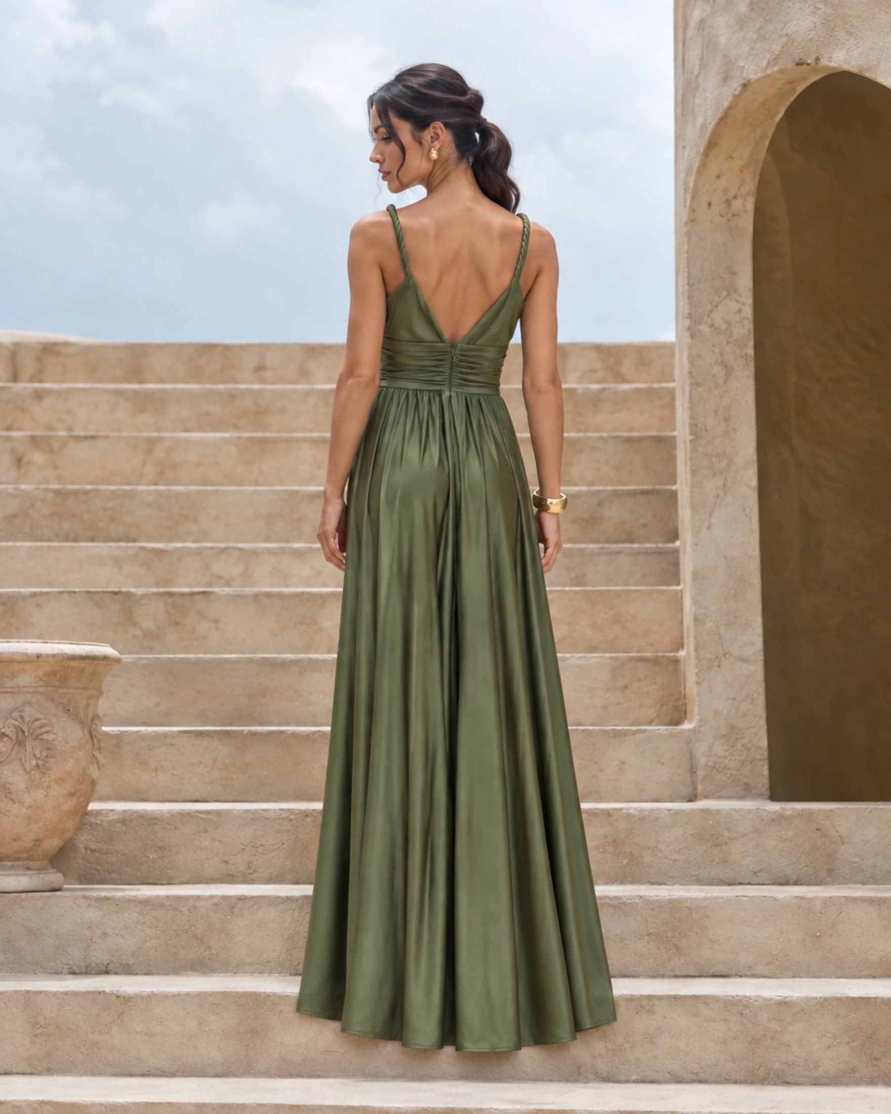 Vestido Largo Escote en V con Cintura Drapeada - imagen 3