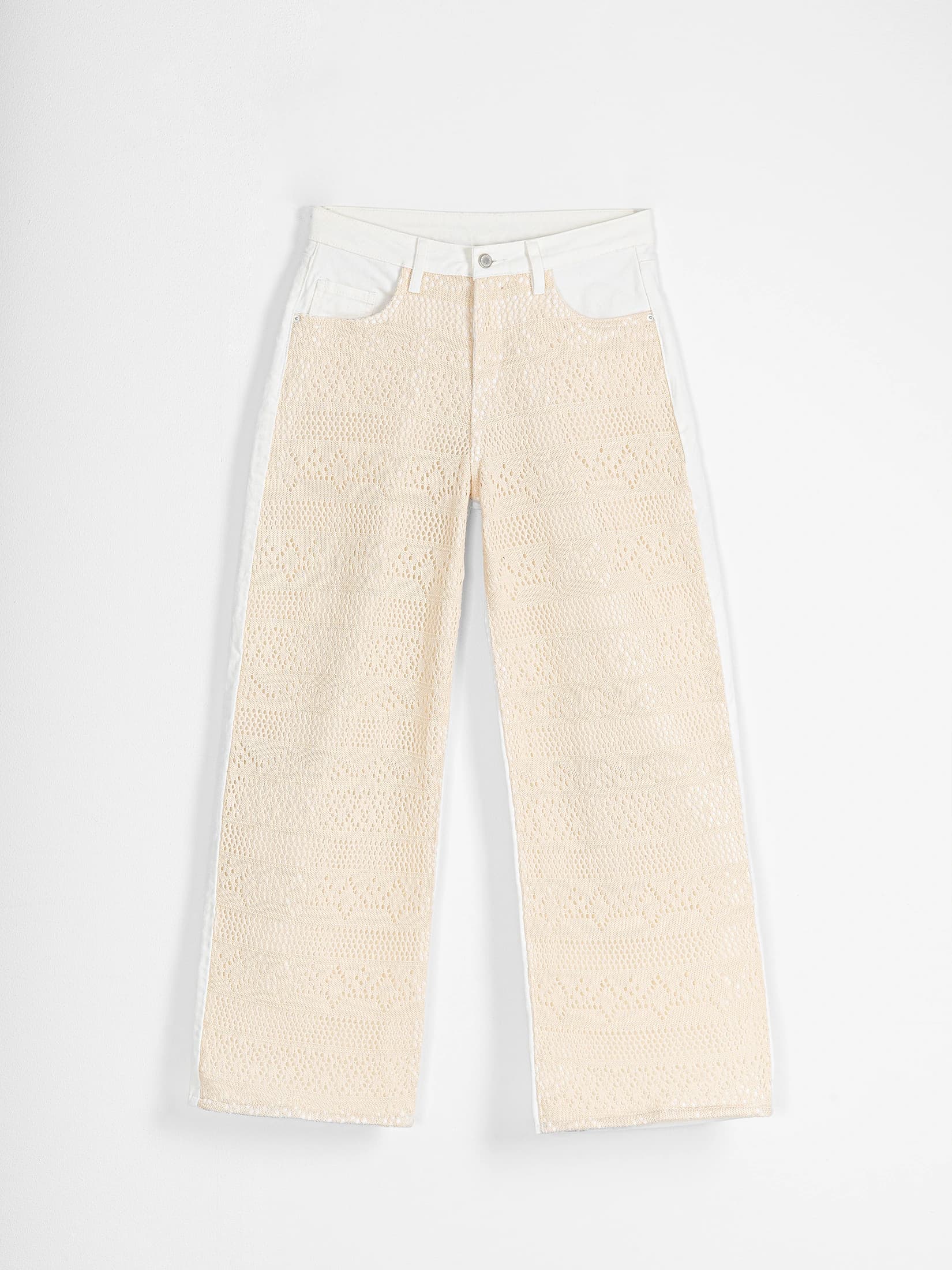Ref: 0620686 Pantalón wide leg, rígido, tiro alto, con diseño delantero en crochet, tono natural. - imagen 7