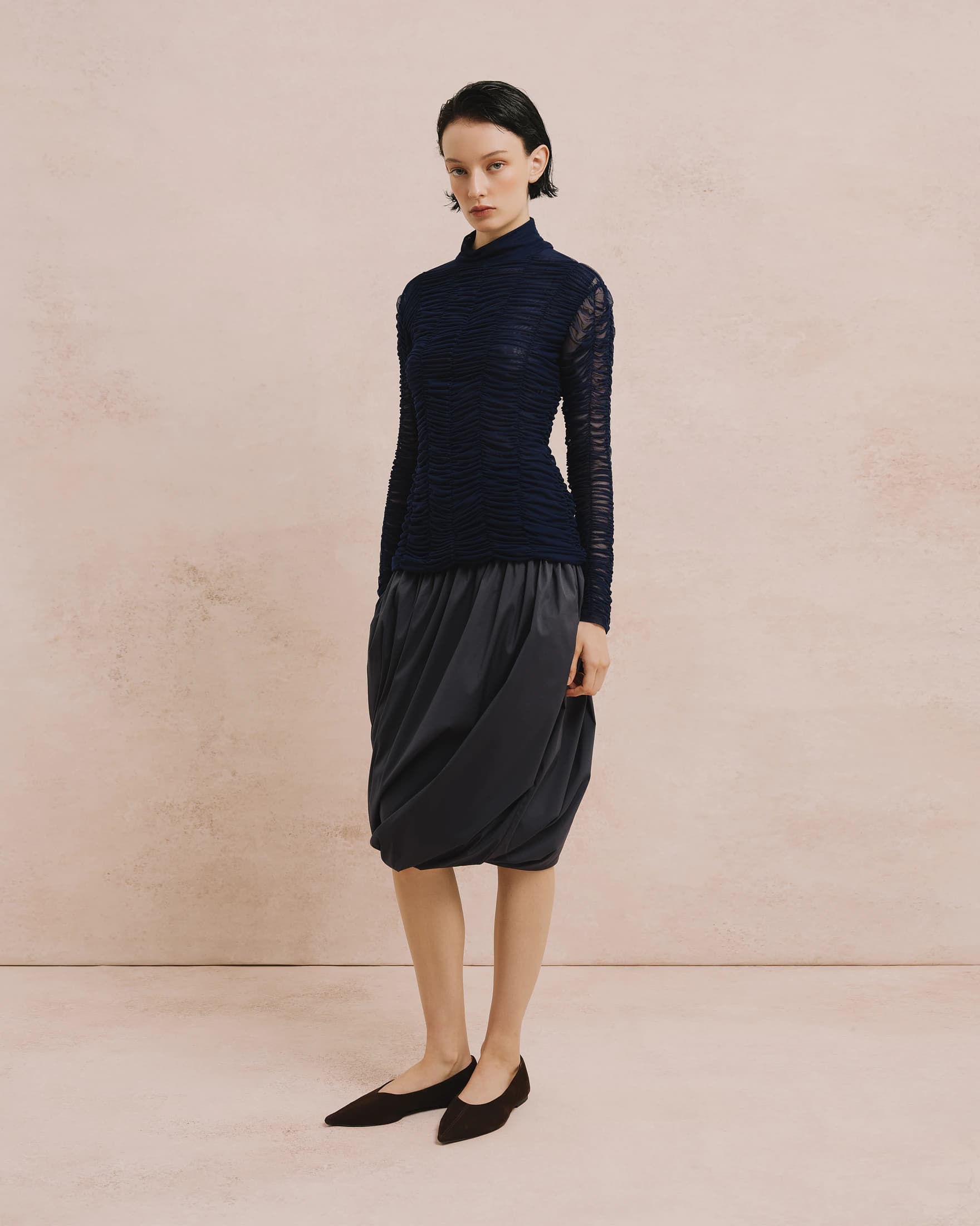 Ruched Tulle Turtleneck Top