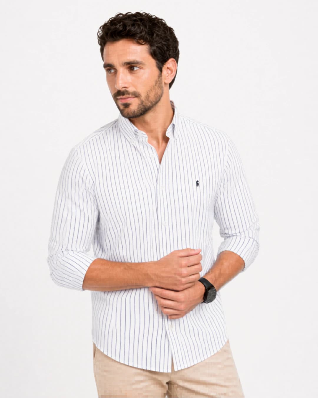 Camisa 100% Algodón Manga Larga Blanca Rayas Azul - imagen 4