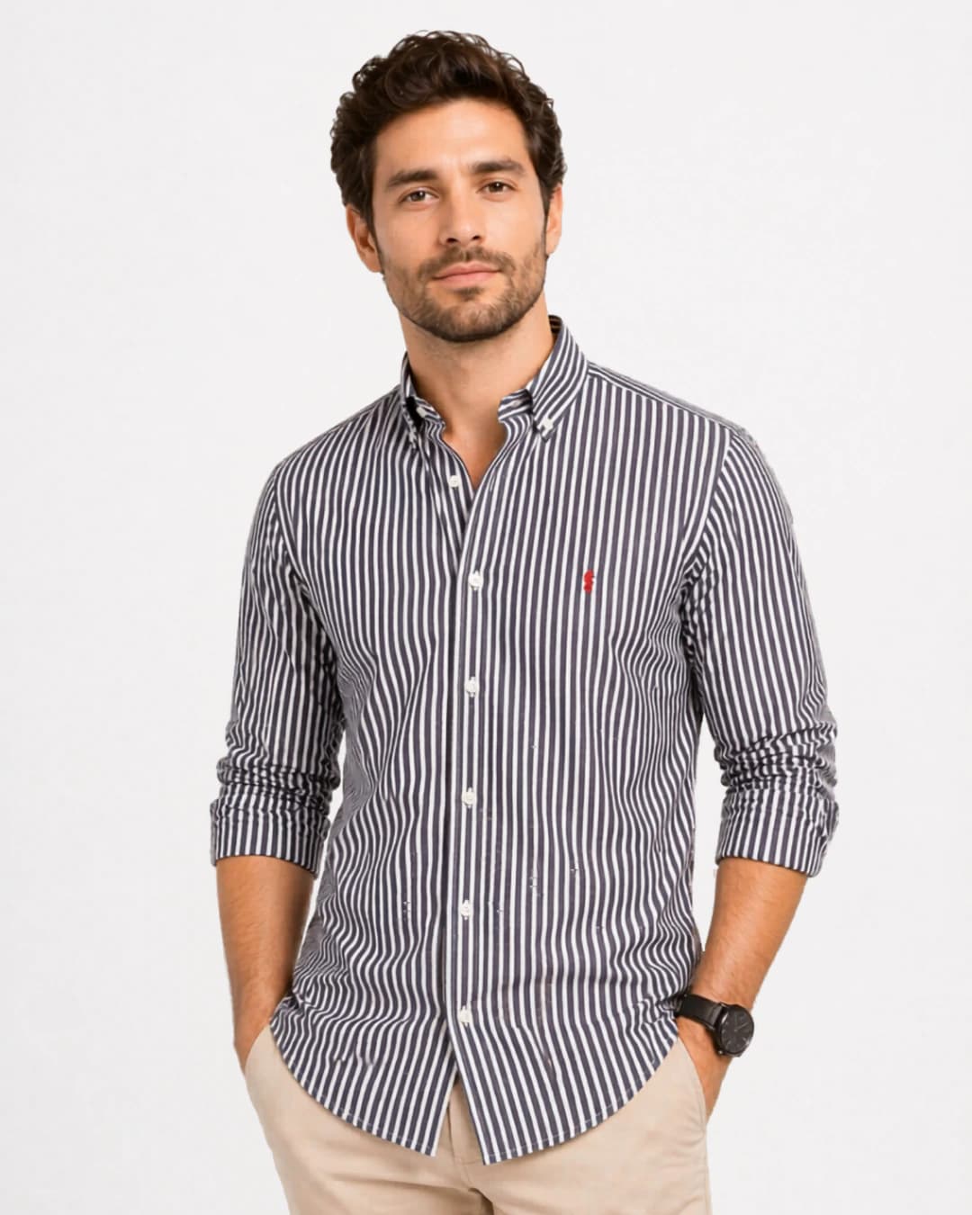 Camisa 100% Algodón Manga Larga Azul Oscuro Rayas Blancas