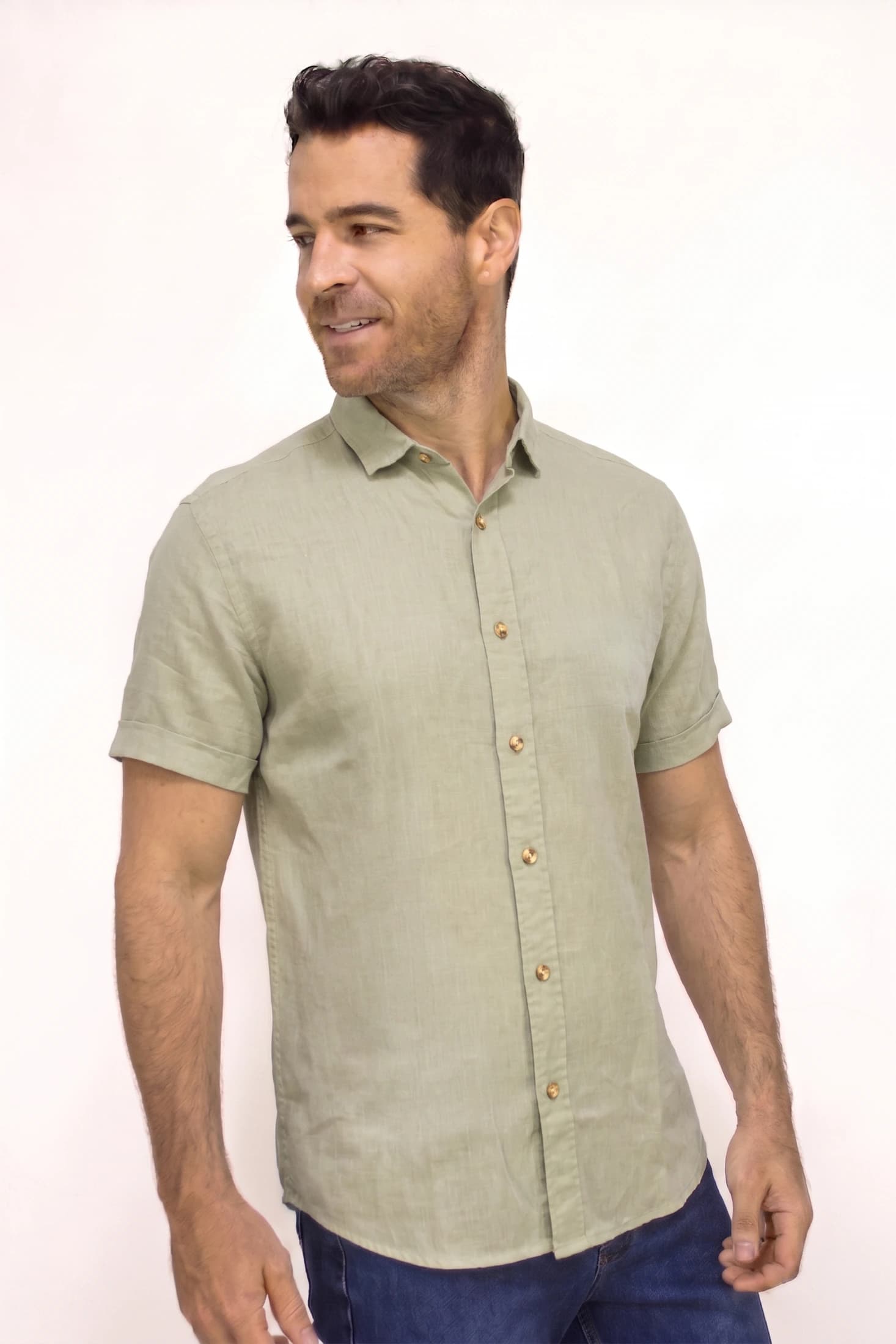 CAMISA LINO MANGA CORTA GRIS PARA HOMBRE