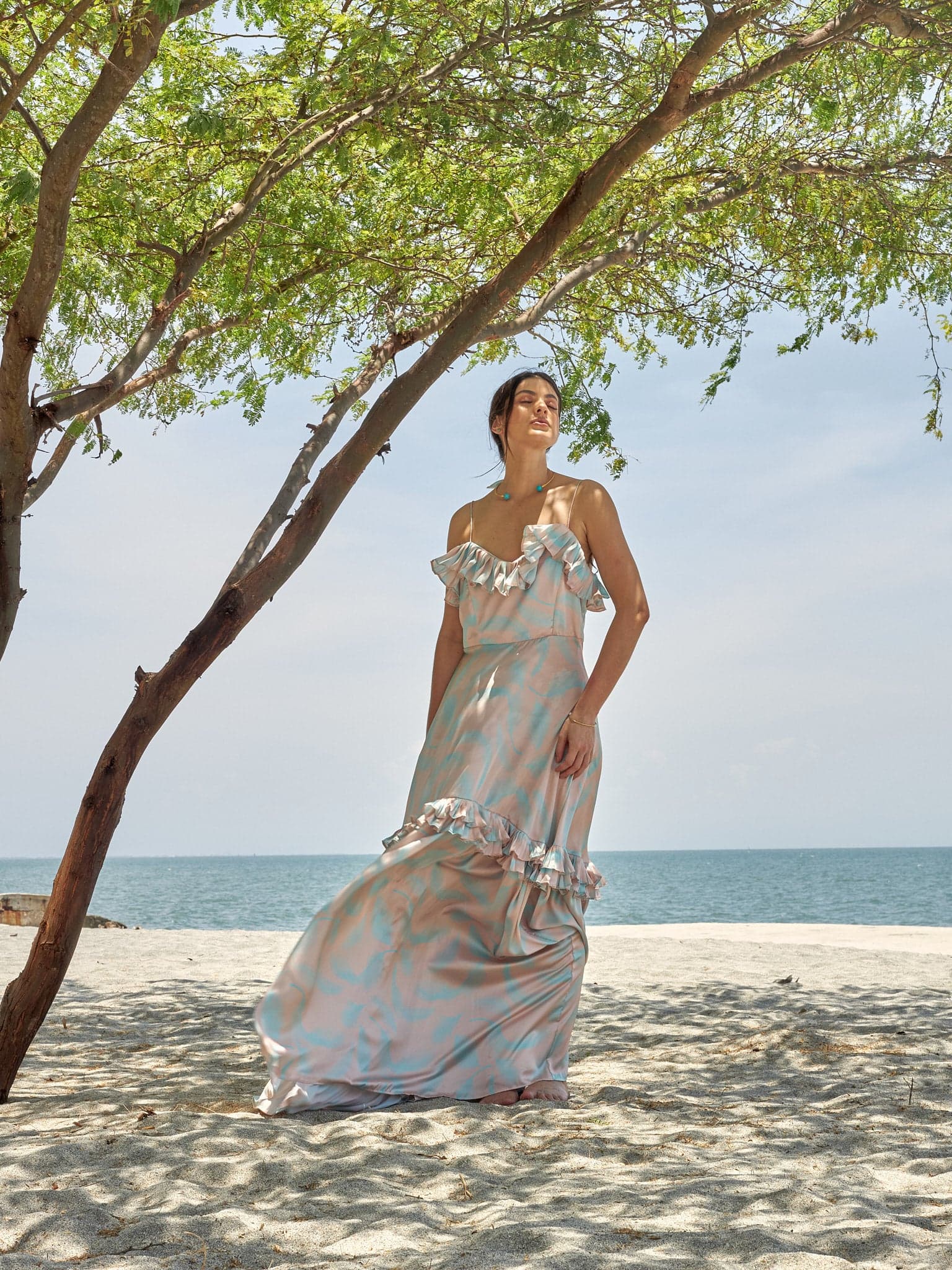 Vestido Pascal Estampado Plumas Turquesa - imagen 3