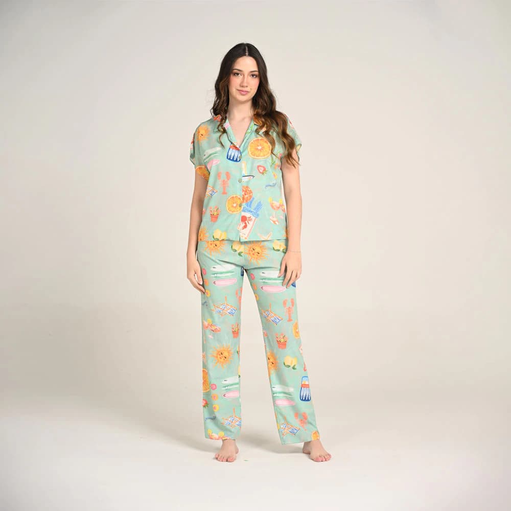 Conjunto Pijama Pantalón Largo Mujer Estampado Verano.