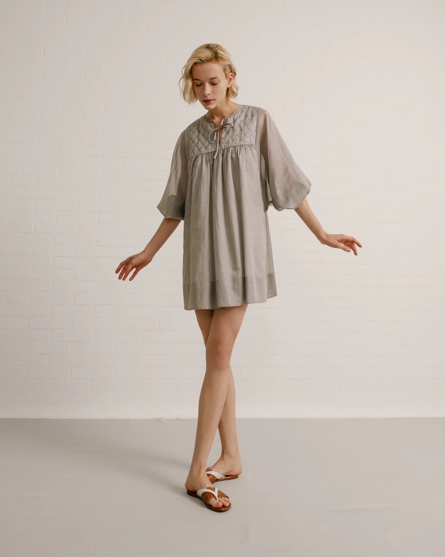 Quilted-Bodice Cotton Voile Mini Dress - imagen 1