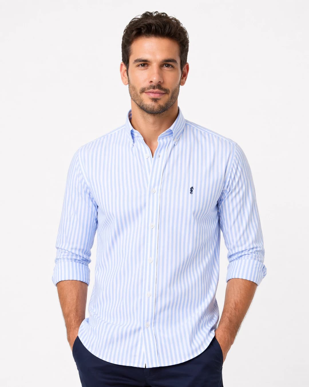 Camisa 100% Algodón Manga Larga Maxi Rayas Azul Claro