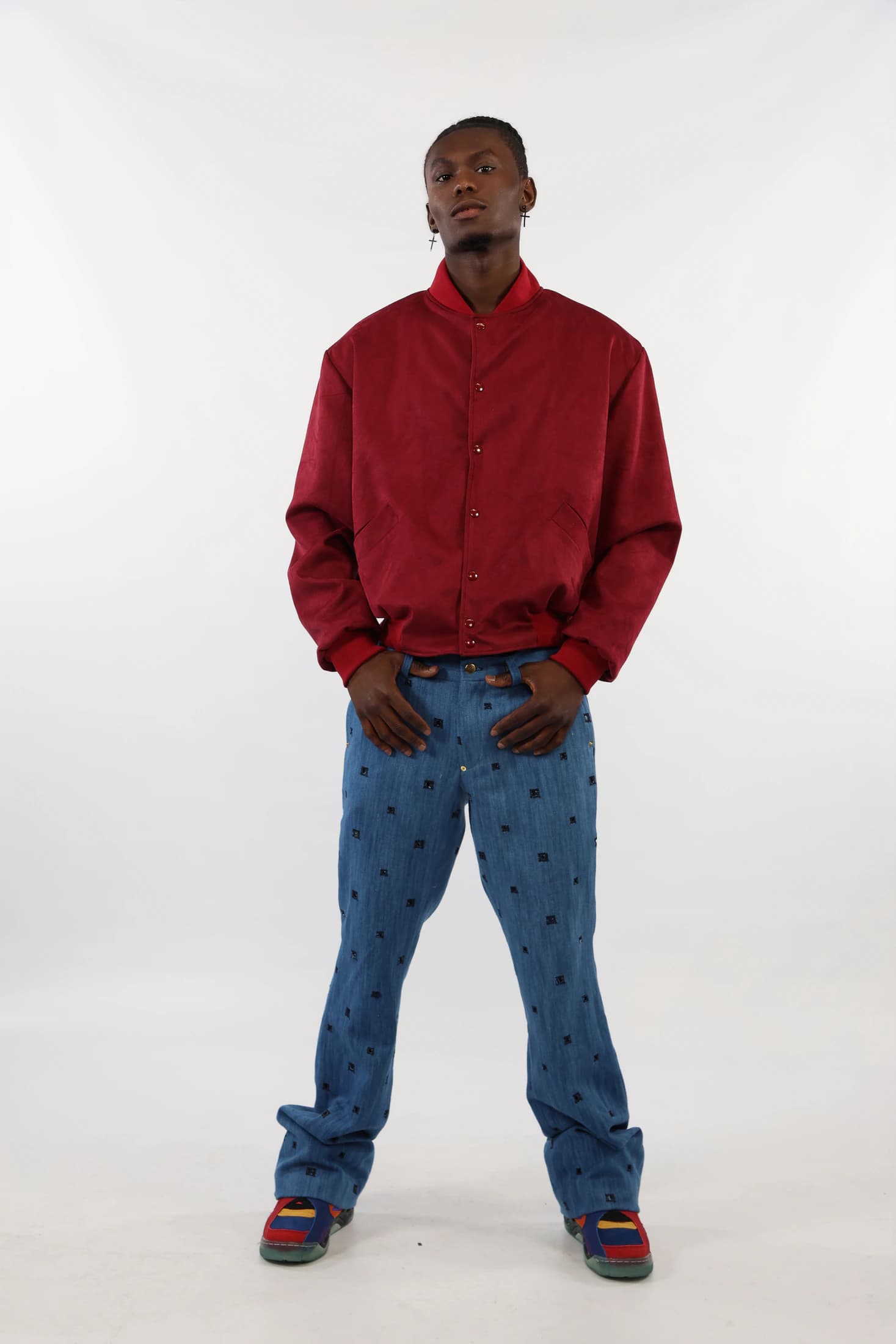 Ultrasuede bomber and Embroidered jeans