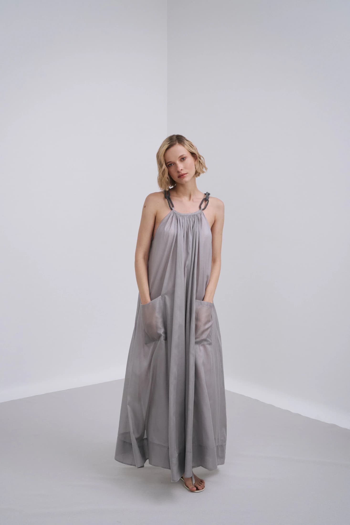 Embroidered Halter Cotton Voile Midi Dress