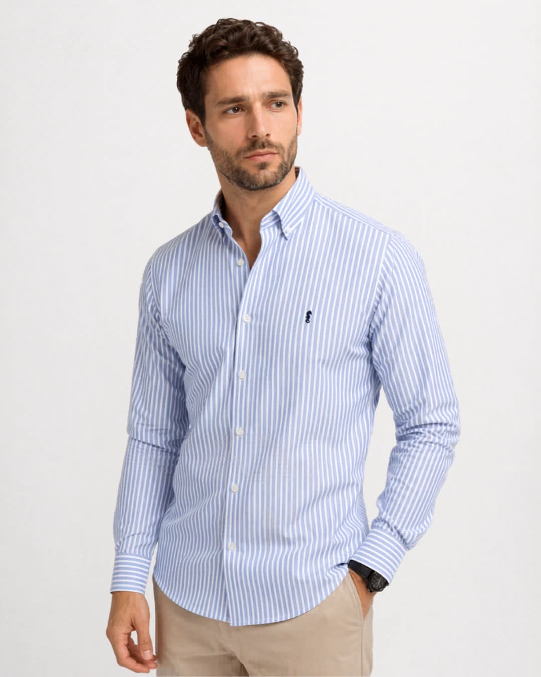 Camisa 100% Algodón Manga Larga Azul Claro Rayas Blancas
