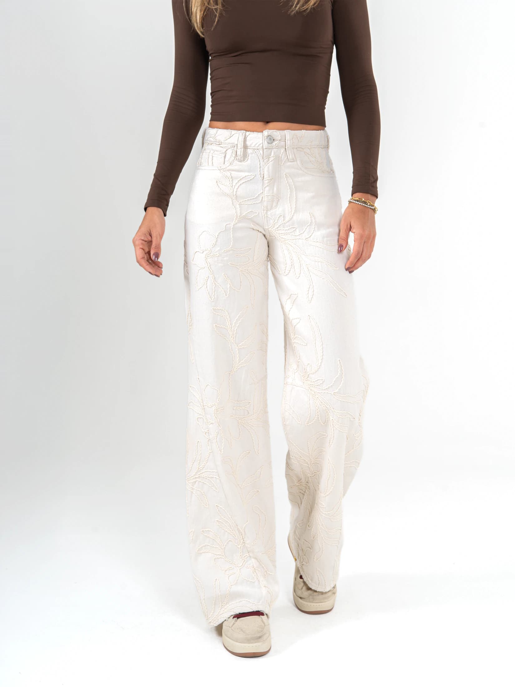 Ref: 0620284 Pantalón wide leg, tiro medio, tela bordada, tono natural - imagen 1