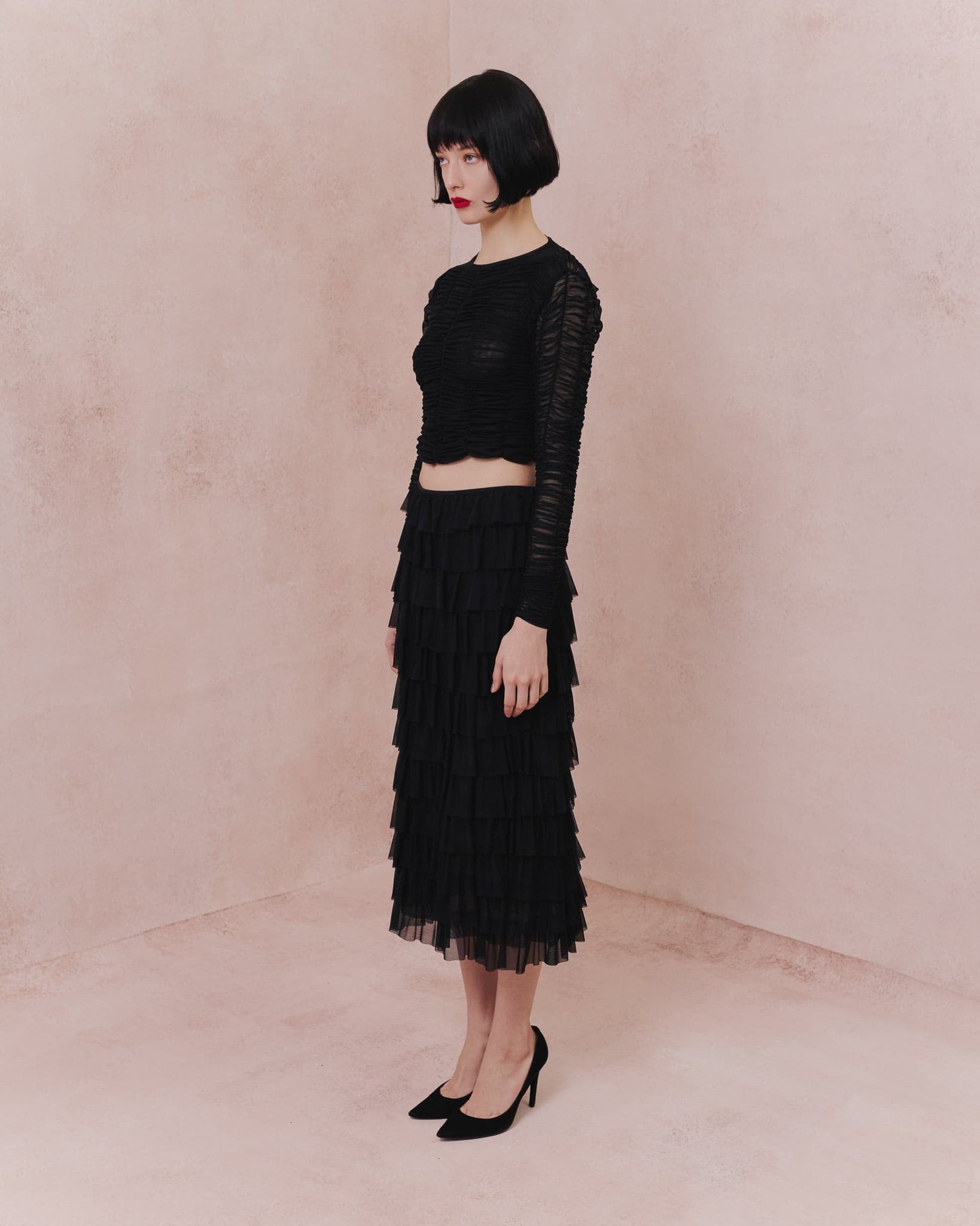 Ruched Tulle Long-Sleeve Crop Top - imagen 9