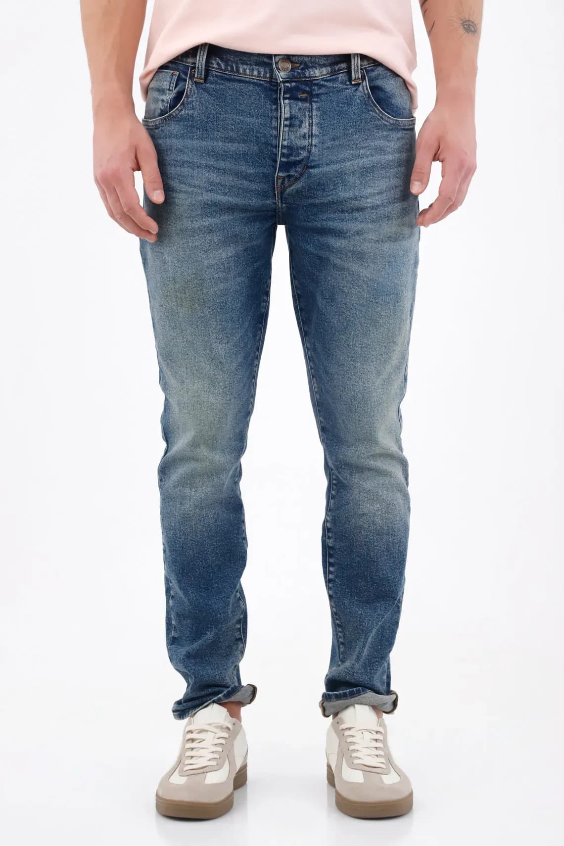 Jean skinny con lavado desgastado en denim de algodón azul medio para hombre