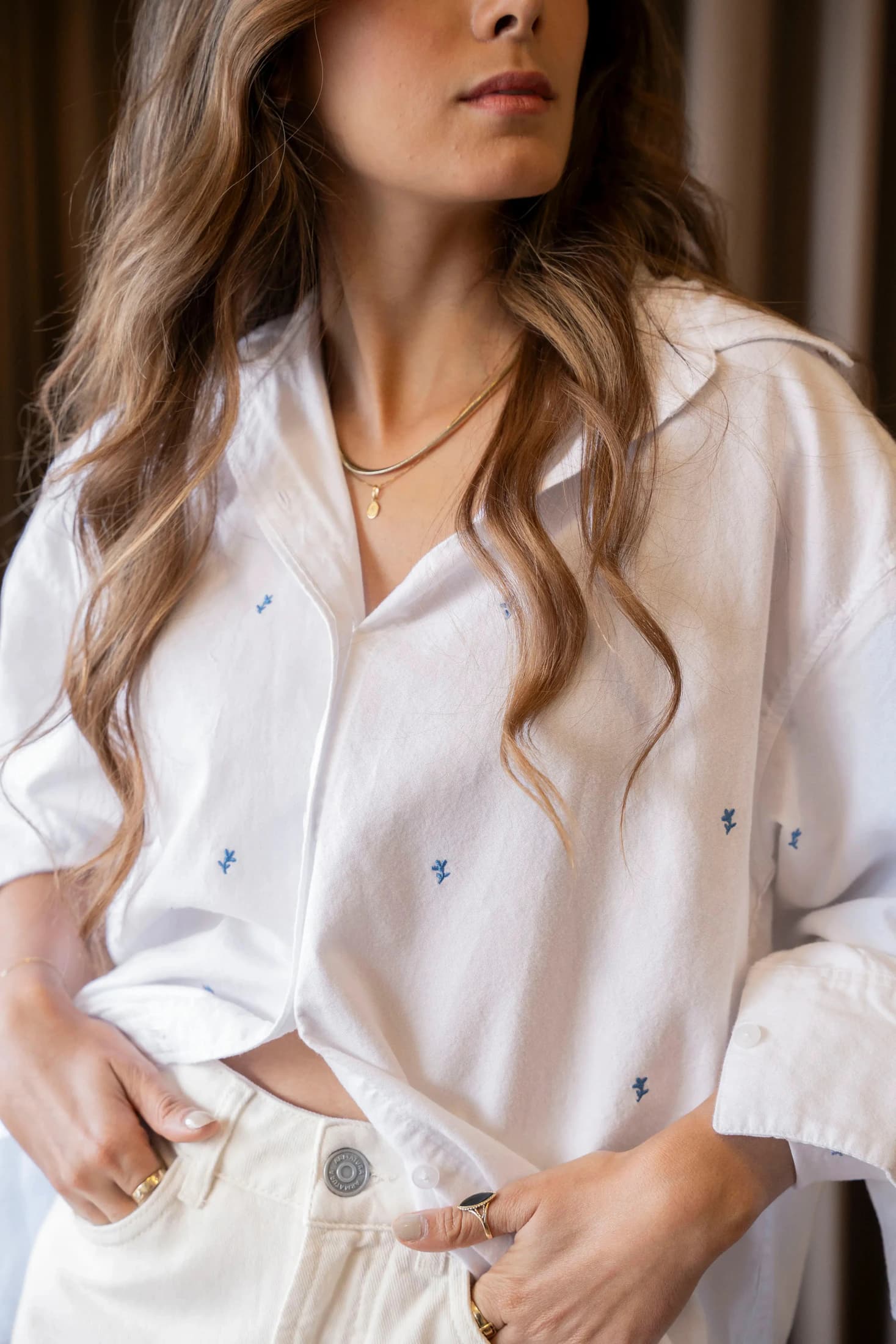 Camisa Flores Oxford Blanca