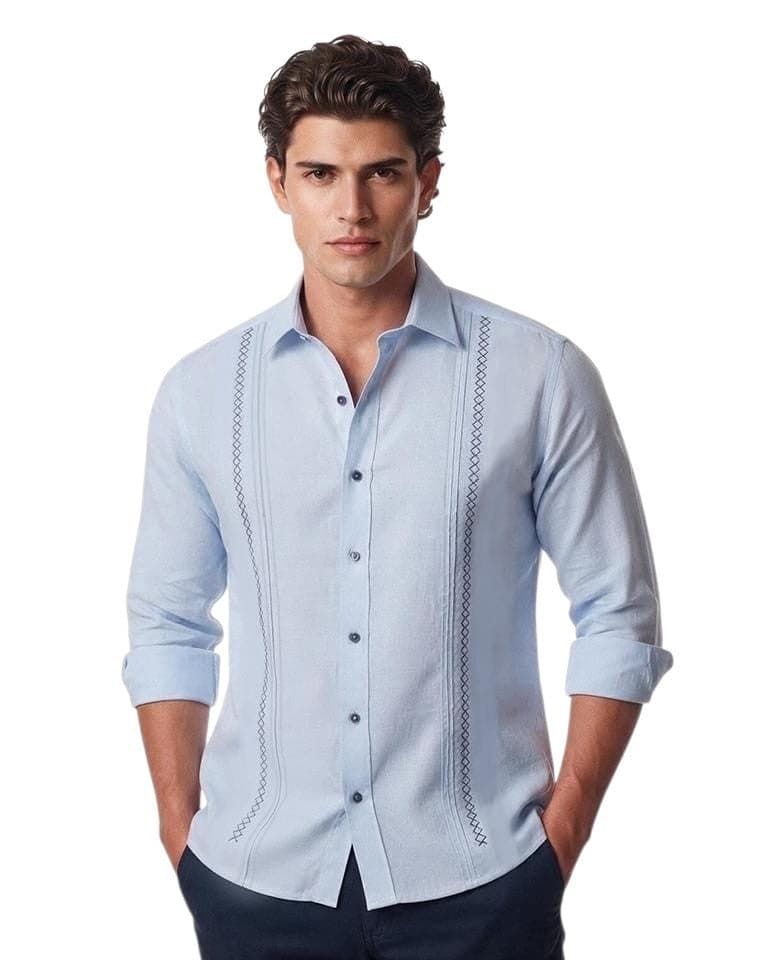 Guayabera azul manga larga con bordado - imagen 2