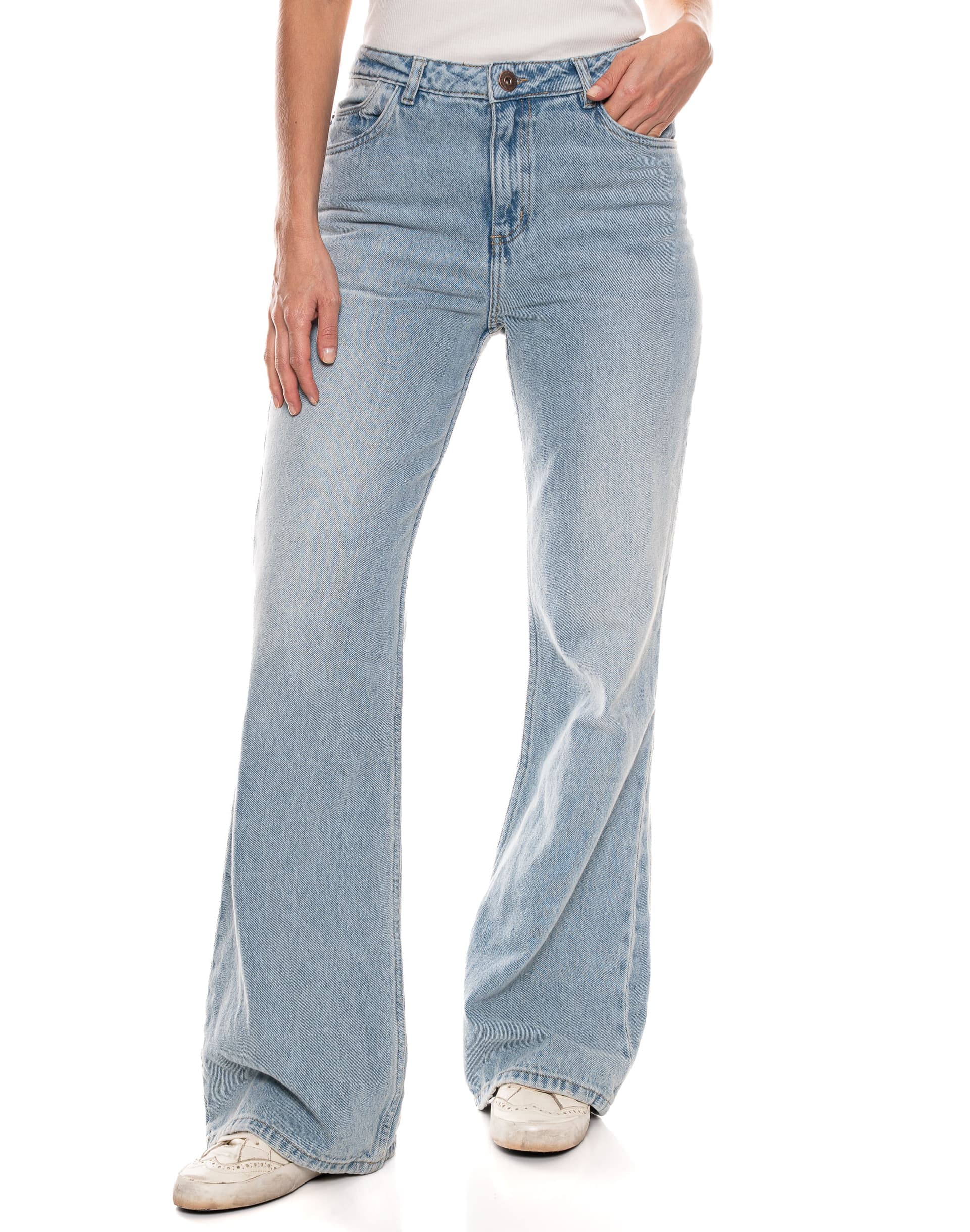 Jeans Flare Tiro Alto Denim Tono Medio