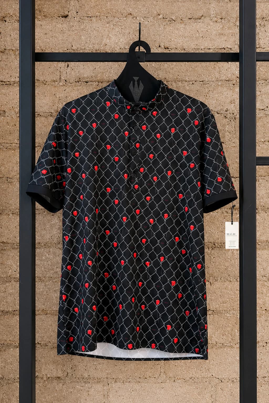 Camisa Para Hombre Manga Corta Negra Estampado Rosas