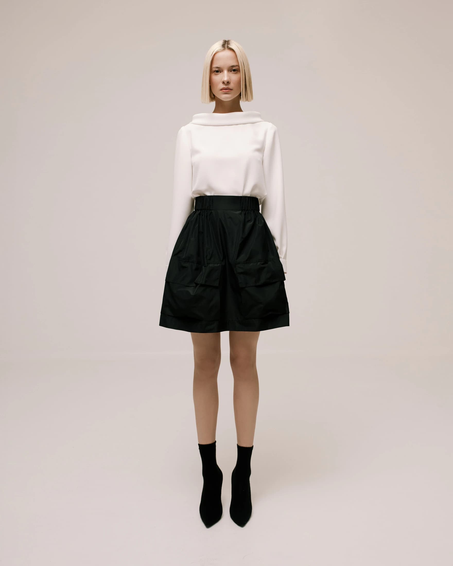 High-Neck Long-Sleeve Cady Blouse