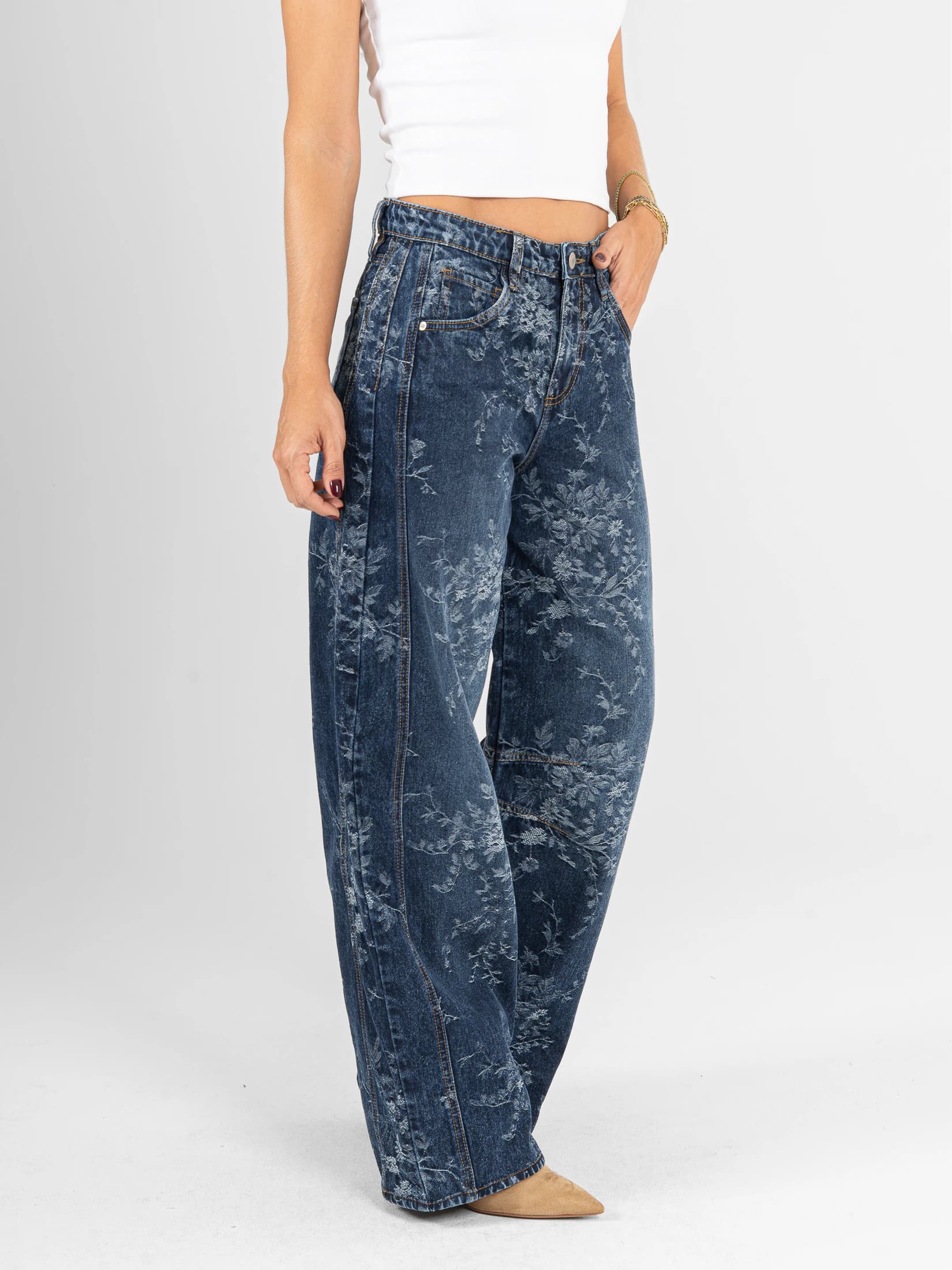 Ref: 066575 Jean wide leg, rígido, tiro alto, detallle de tela bordada, tono azul oscuro - imagen 2