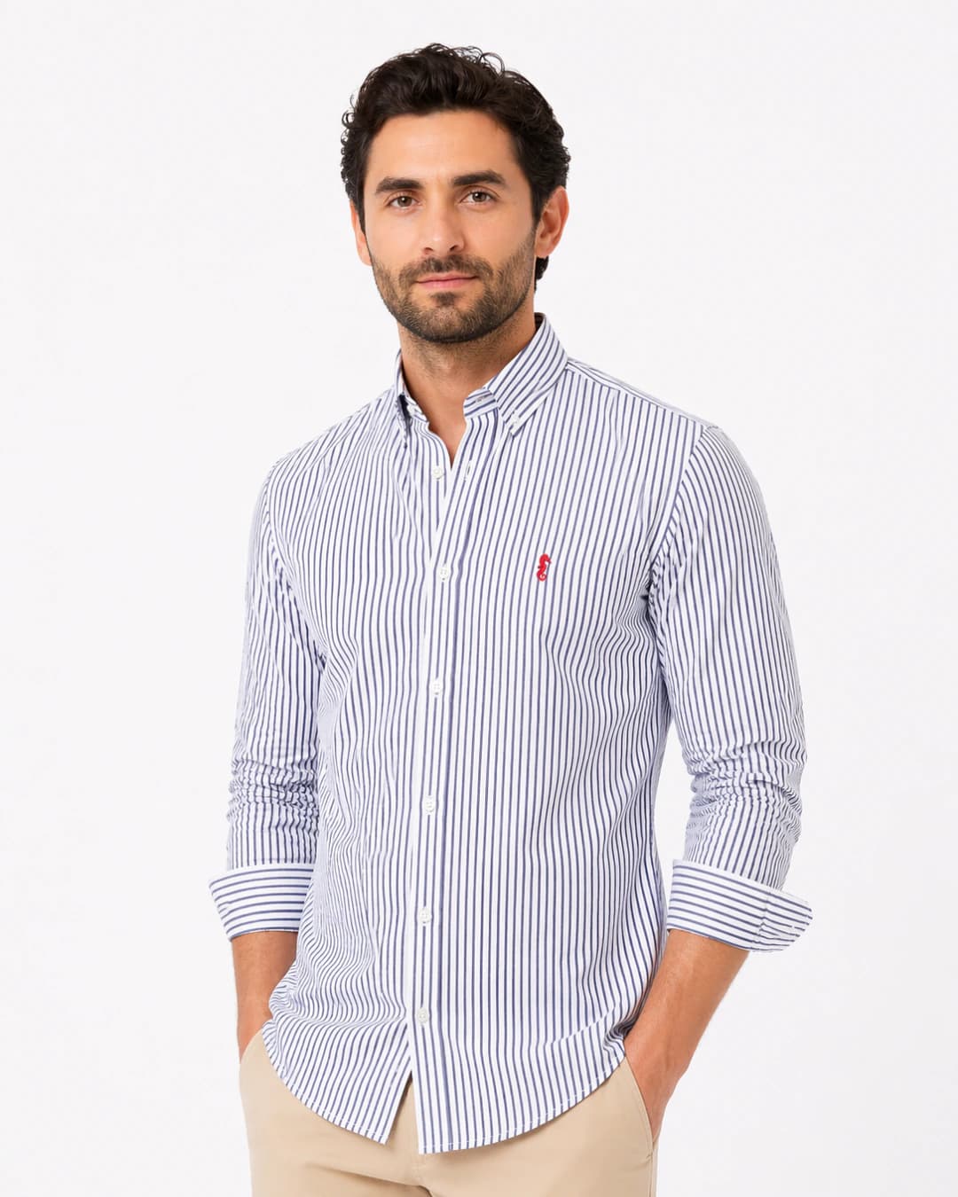 Camisa 100% Algodón Manga Larga Rayas Azul Oscuro