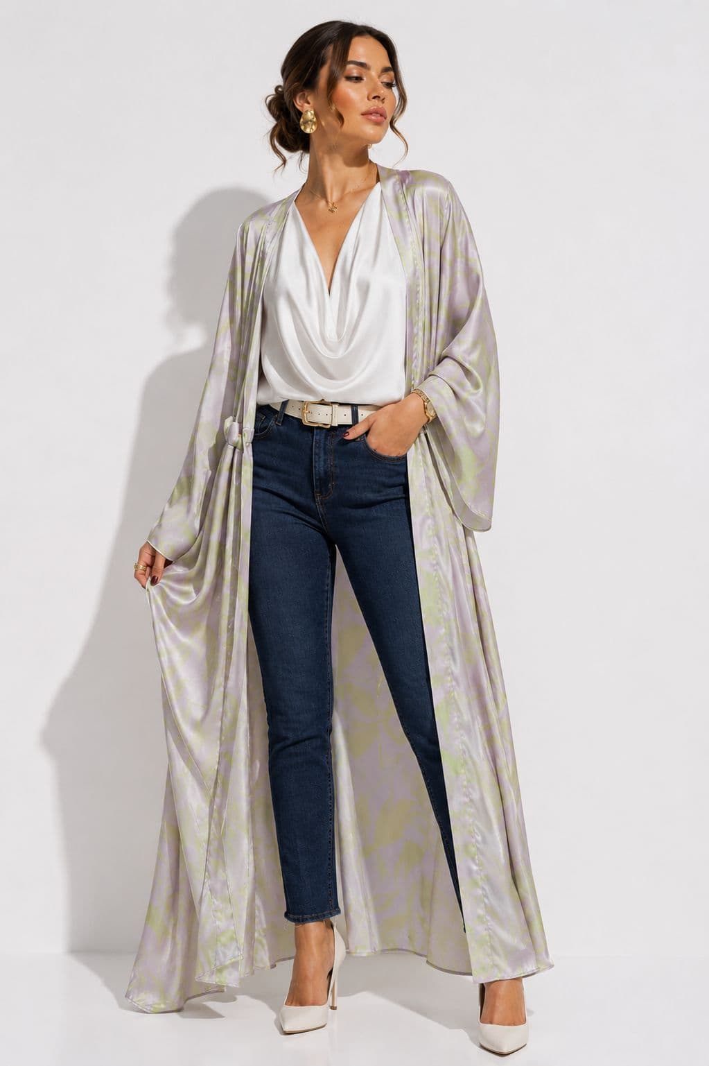 Kimono Lavanda Plumas Lila+Neon Estampado - imagen 2