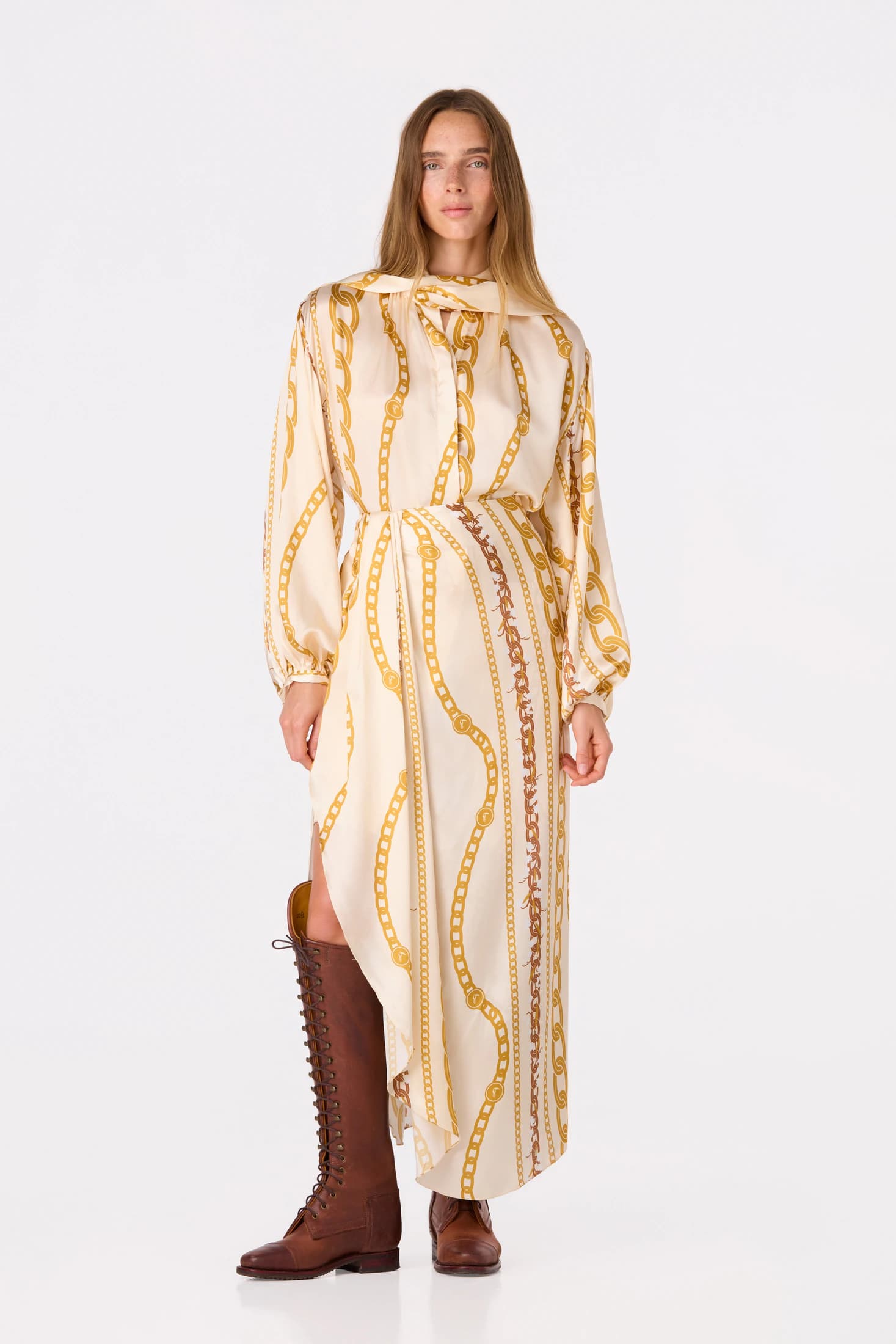 Simonetta Satin Silk Maxi Shirt / Gold Chains