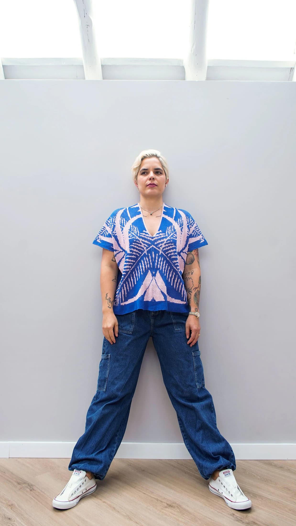 Blusa Palmas - azul rey y rosado