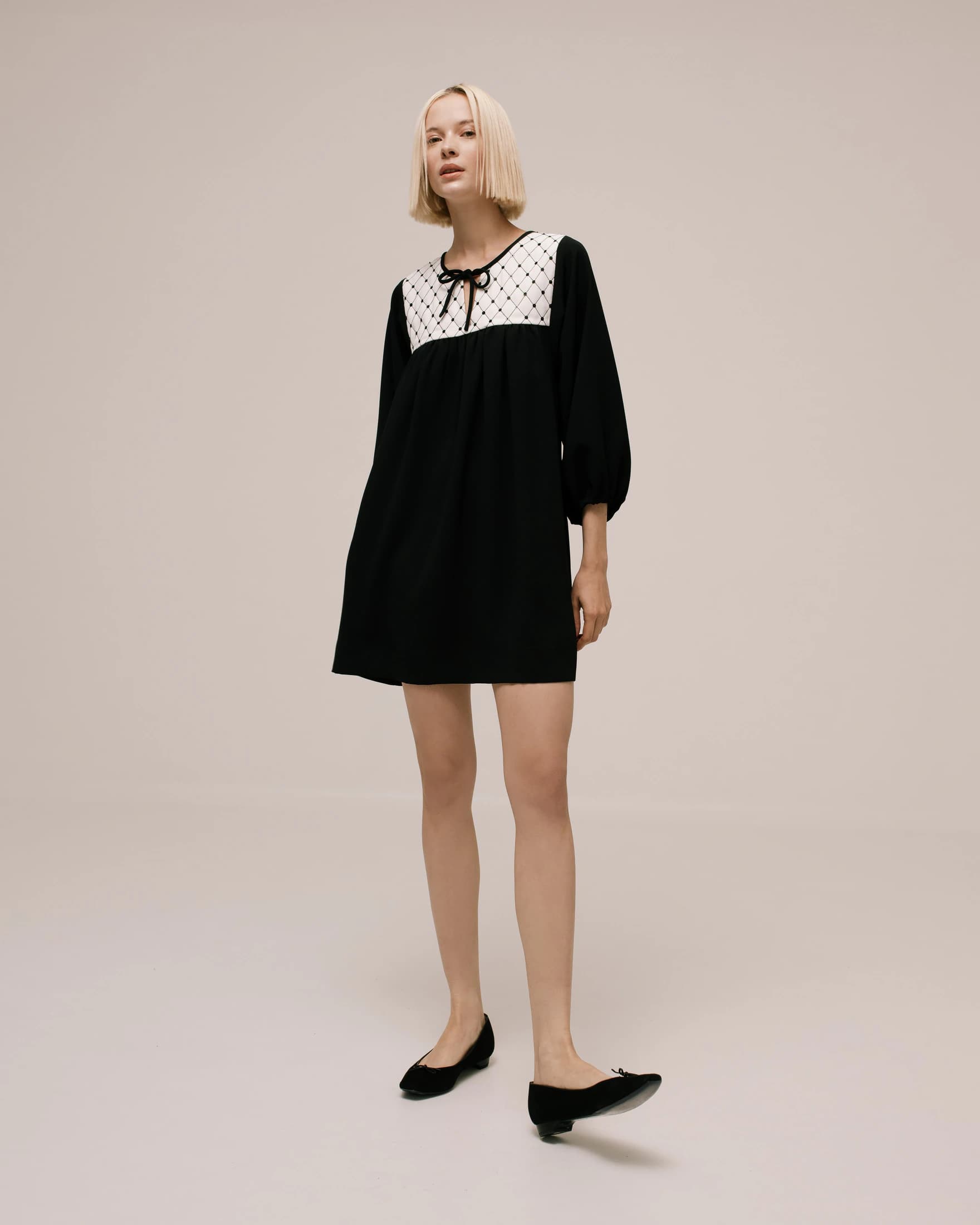 Quilted-Front Puff-Sleeve Cady Mini Dress - imagen 3
