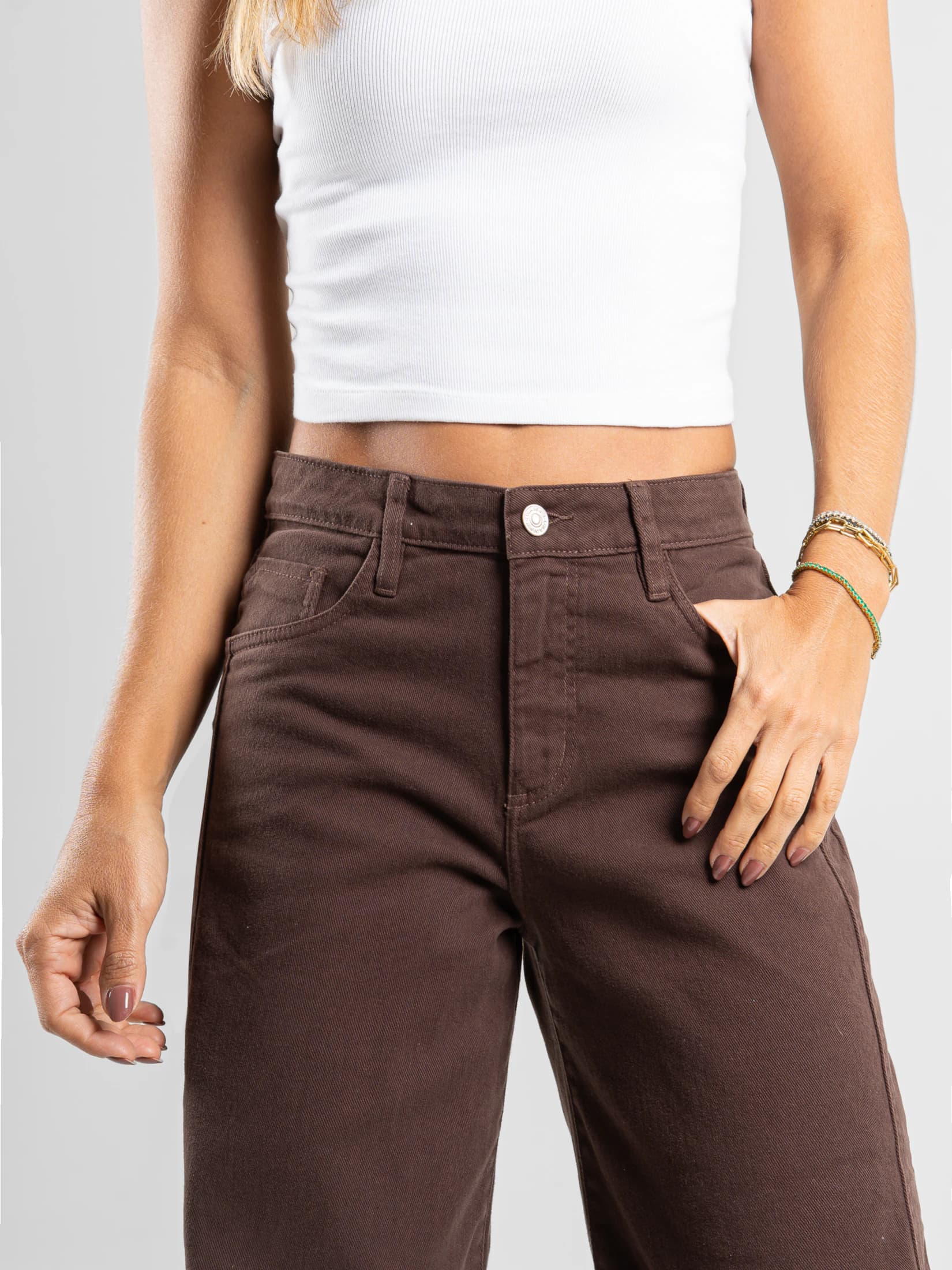 Ref: 0620618 Pantalón wide leg stretch, tiro alto, tono café, corte en delantero - imagen 3