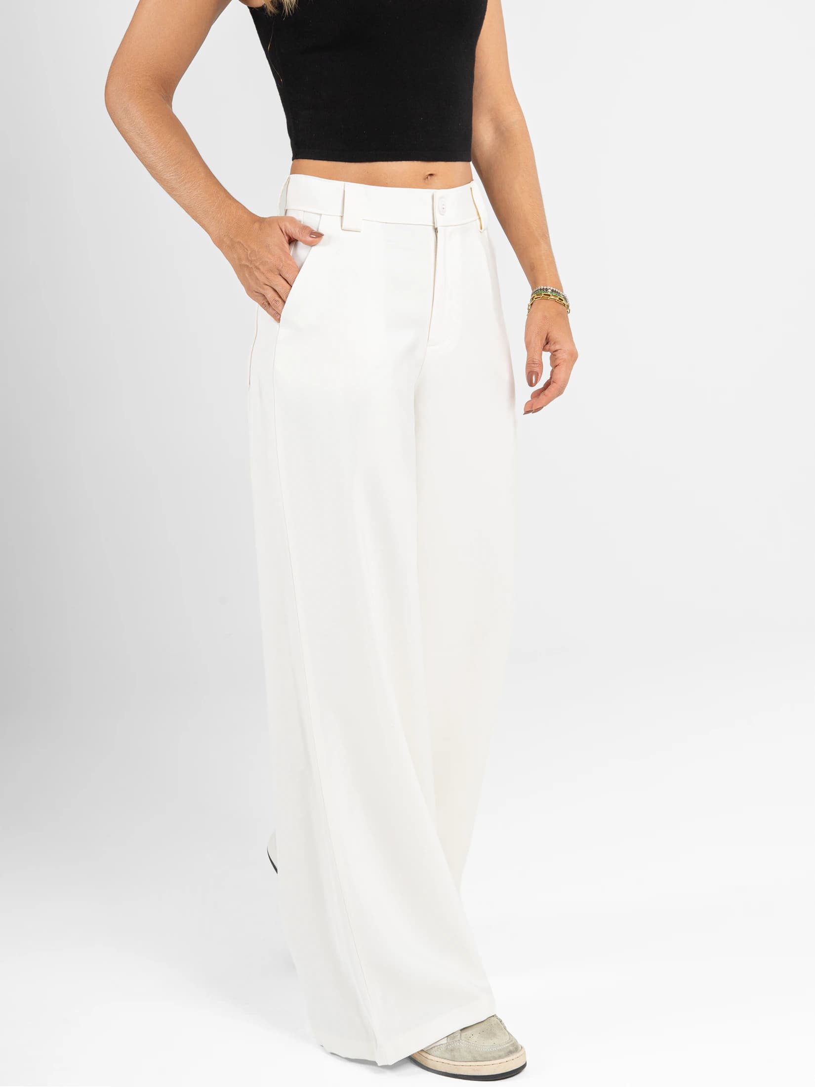 Ref: 0620605 Pantalón palazzo, tejido plano liviano, tiro alto, tono ivory - imagen 3