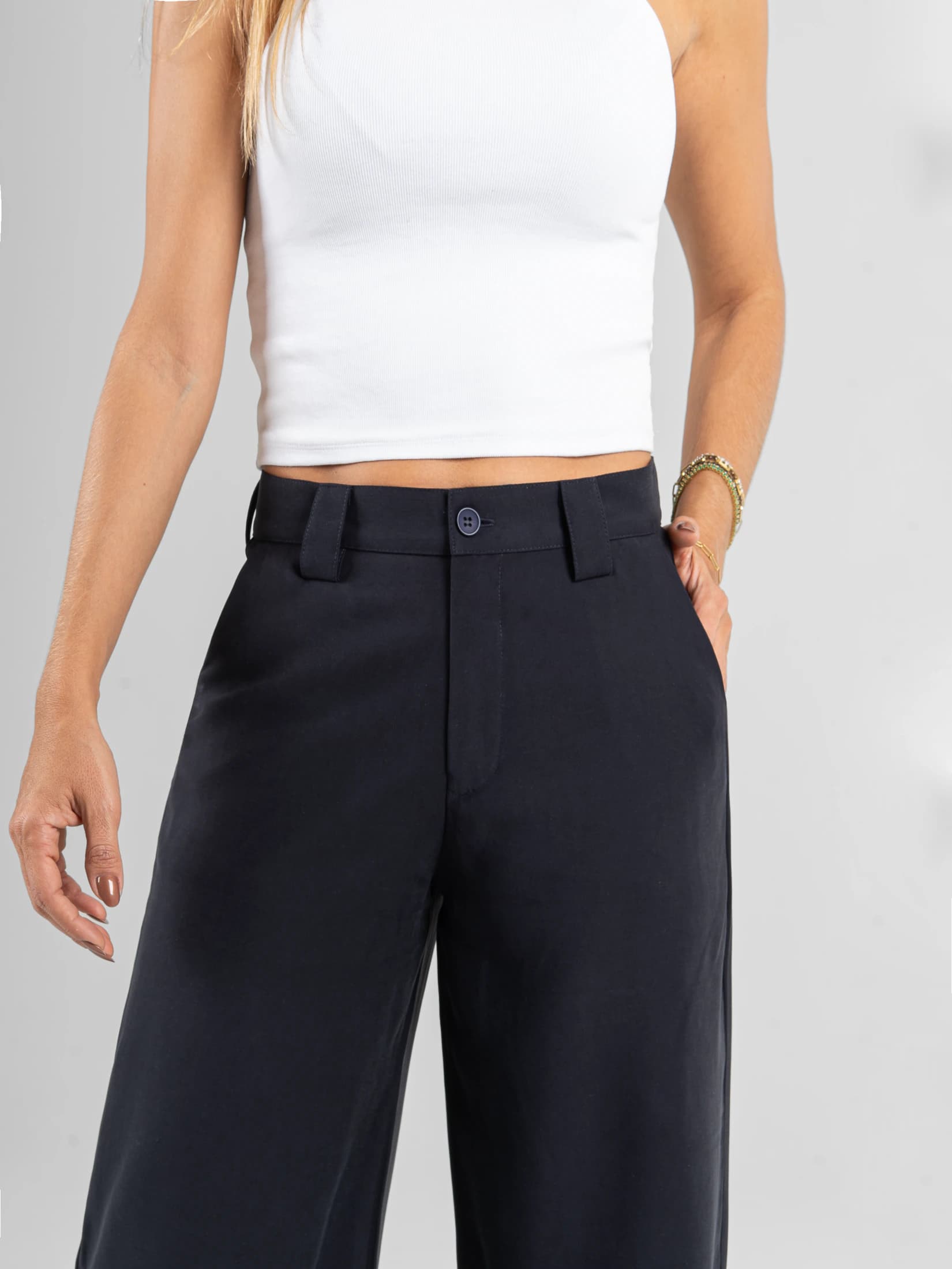 Ref: 0620604 Pantalón palazzo, tejido plano liviano, tiro alto, tono azul oscuro - imagen 3