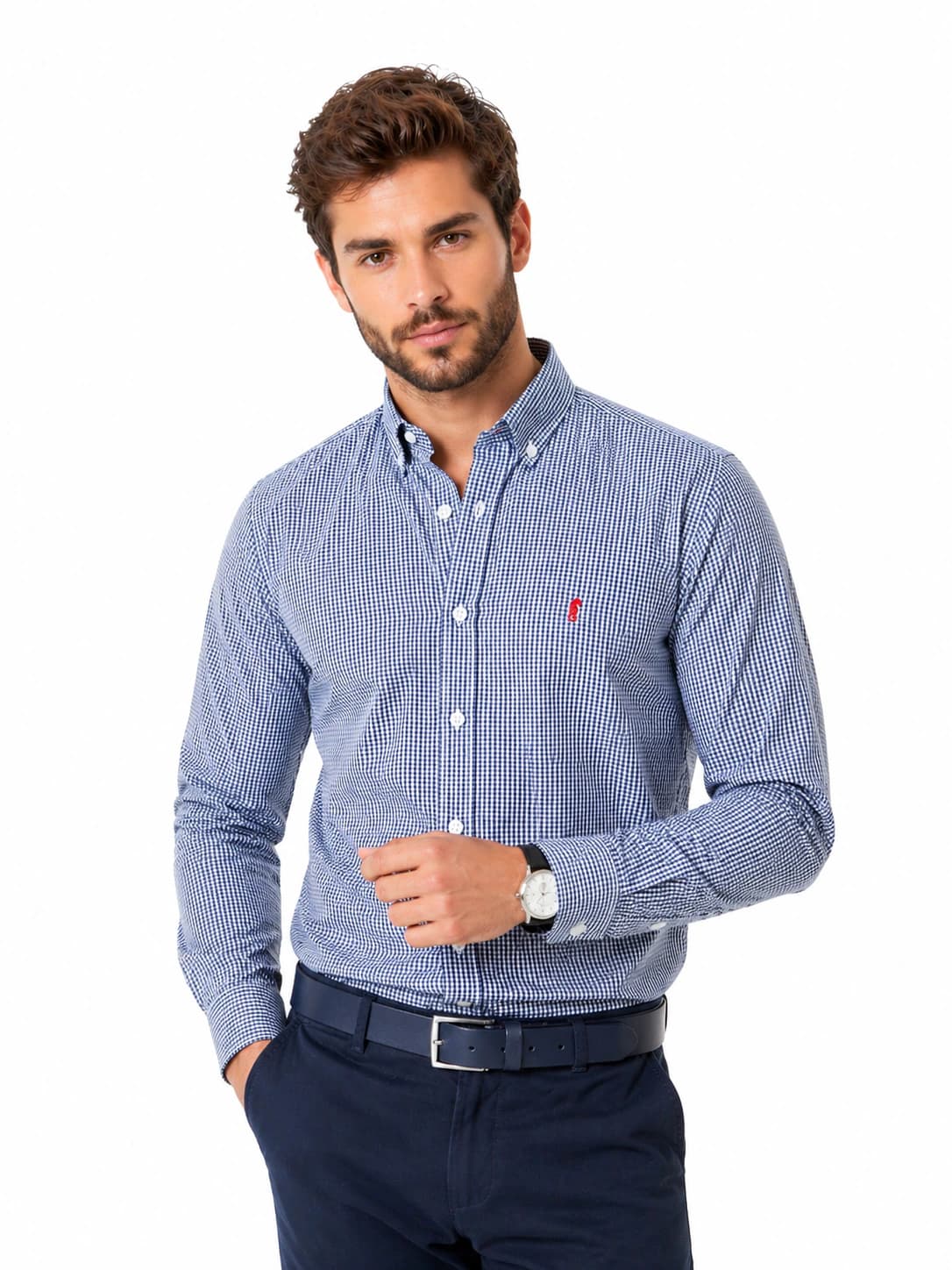 Camisa 100% Algodón Manga Larga Cuadros Azul Oscuro - imagen 3