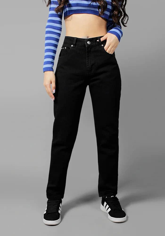 Jean Rigido Mom Fit Para Mujer Color Negro Mate
