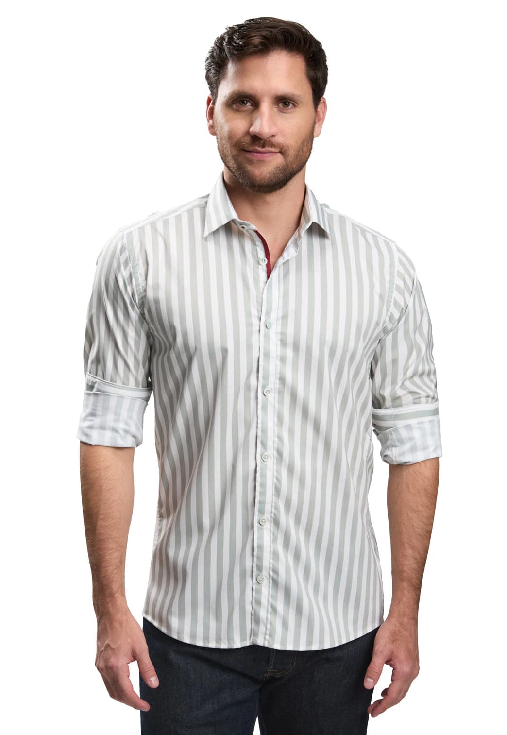 Camisa casual slim fit blanca a rayas verdes