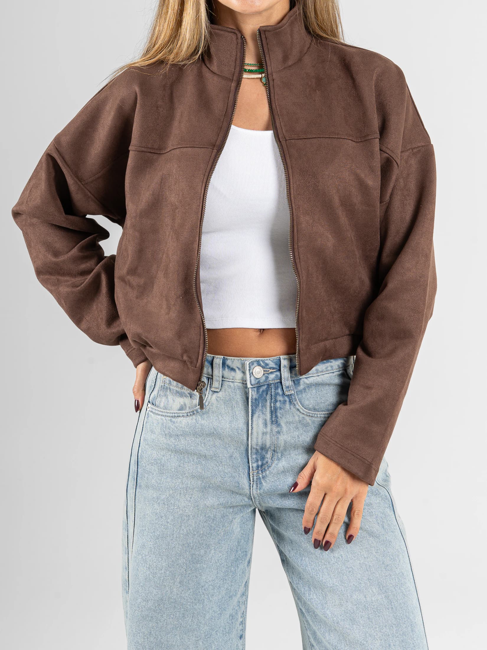 Ref: 0610688 Chaqueta efecto piel, cuello alto, con cremallera, tono cafe - imagen 1
